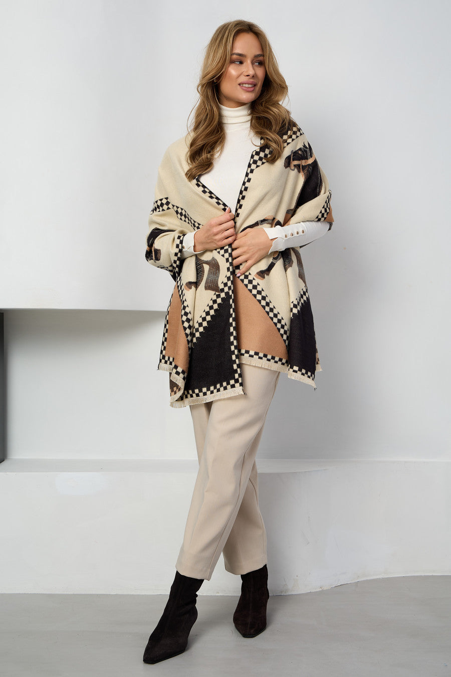 Checkered Equestrian Reversible Scarf - Brown