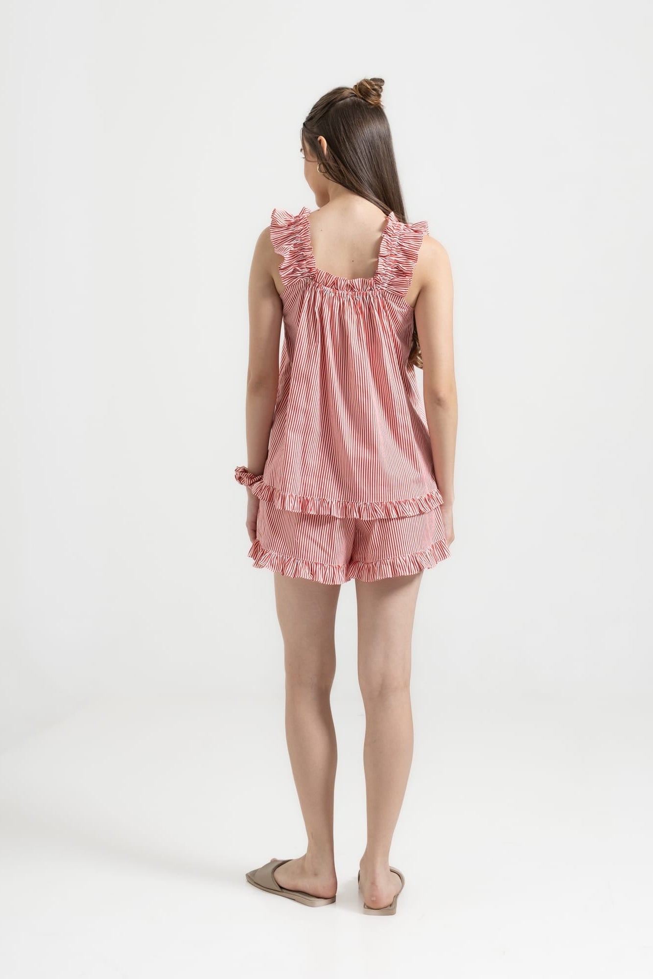 Stella Lounge Set Red detail — frill strap and red stripe on 100% premium cotton