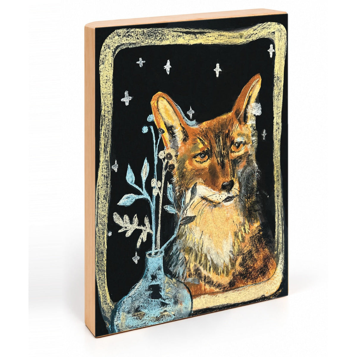 Fox with the Vase art print, angled view of the 7/8-inch deep gesso board with natural wood sides