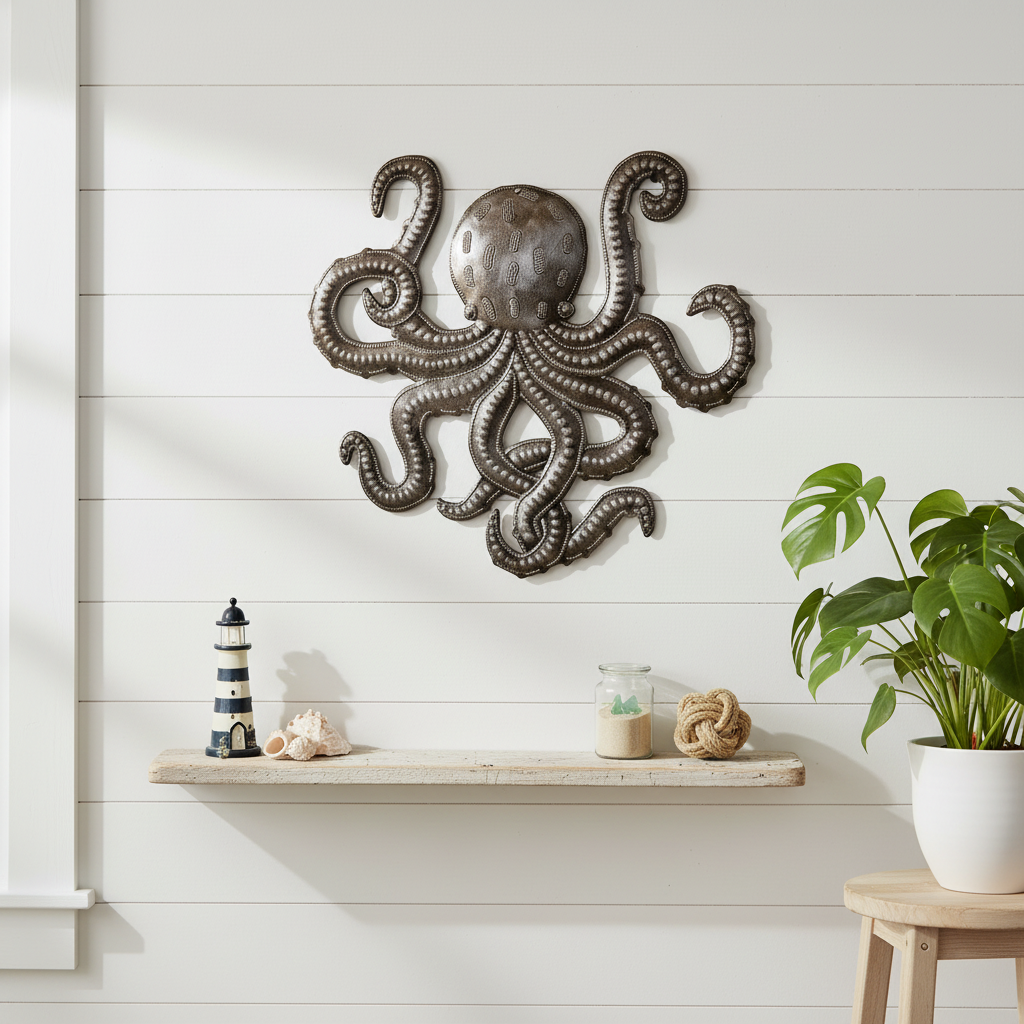 Octopus Magic Haitian metal art octopus wall sculpture in coastal living room