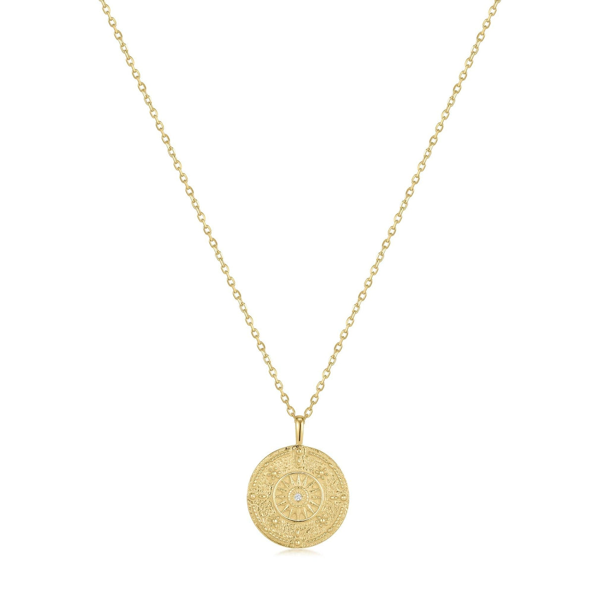 Round Sun Pendant With CZ Center Stone Necklace - 14k Gold Vermeil - Pendant Necklaces
