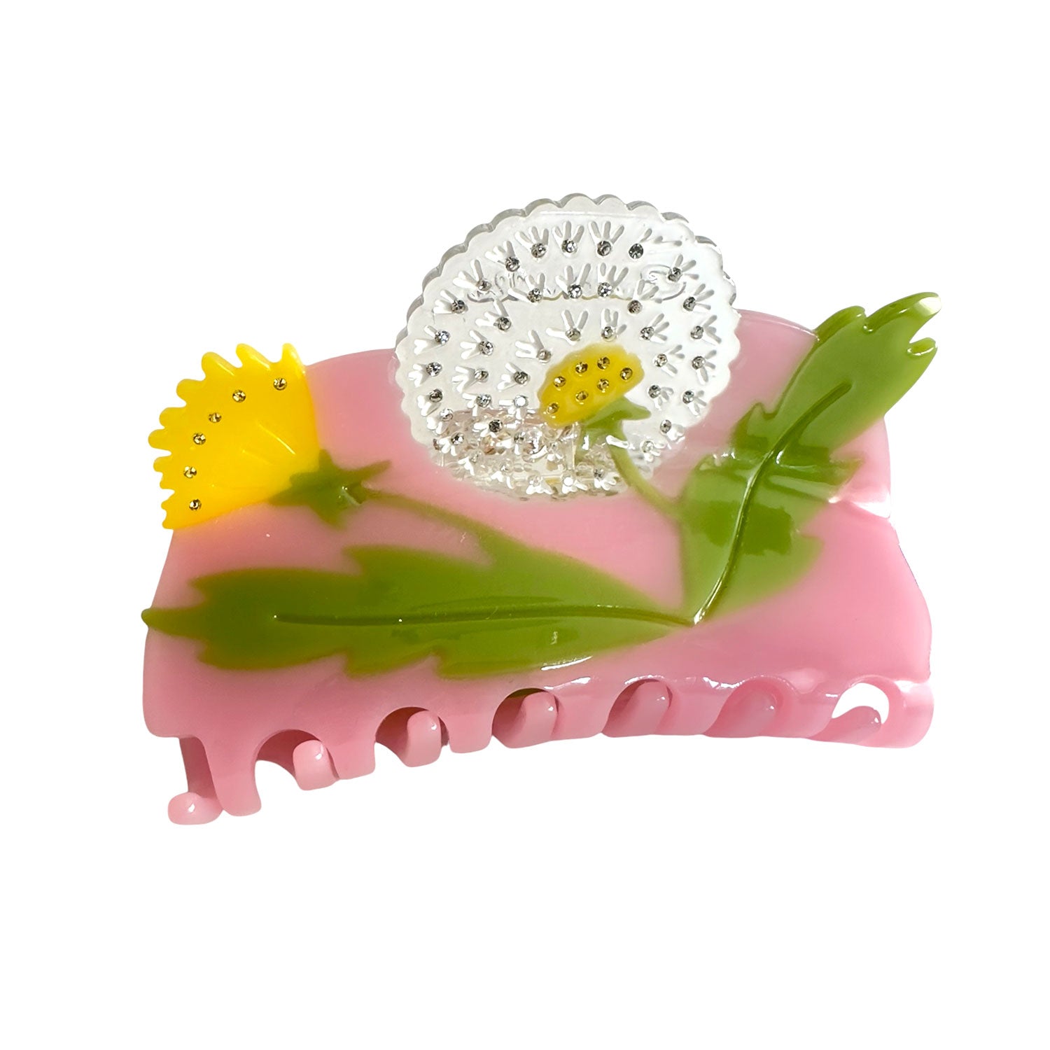 Exquisite dandelion hair claw on pink, green and yellow, with little crystals from Centinelle. Handmade on cellulose acetate, with splice technique, exquisite miniature details and crystals, that are tied directly to its value and make them unique and special. 
