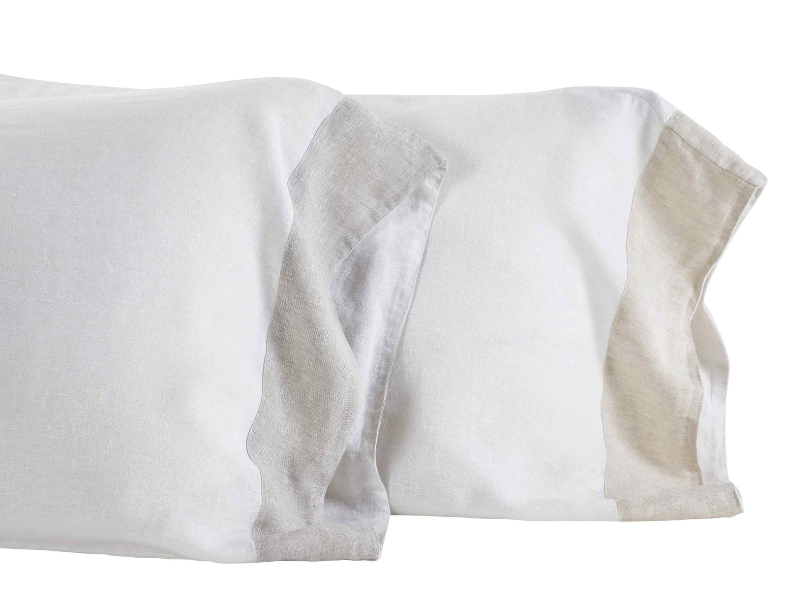 ASP-518-2032_2|Pair of luxurious 100% linen pillow shams, one with beige, one with grey flange, enhancing sophisticated bedding.