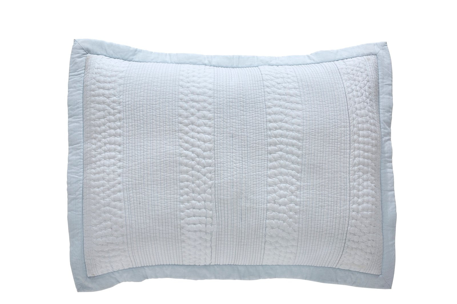 SS-257-2026-LOT1_1|Light blue quilted coverlet pillow sham, featuring distinct vertical patterned stripes. Serene bedroom accent.