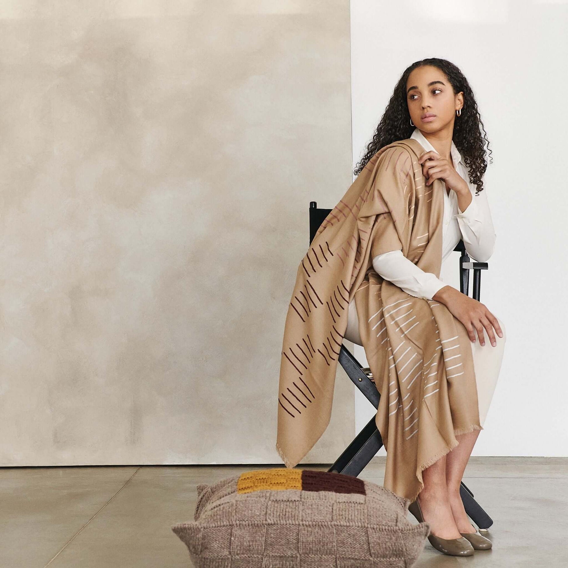 Model draped in the Maple Beige Handwoven Hand Embroidered Classic Scarf, showcasing its delicate design and elegance.