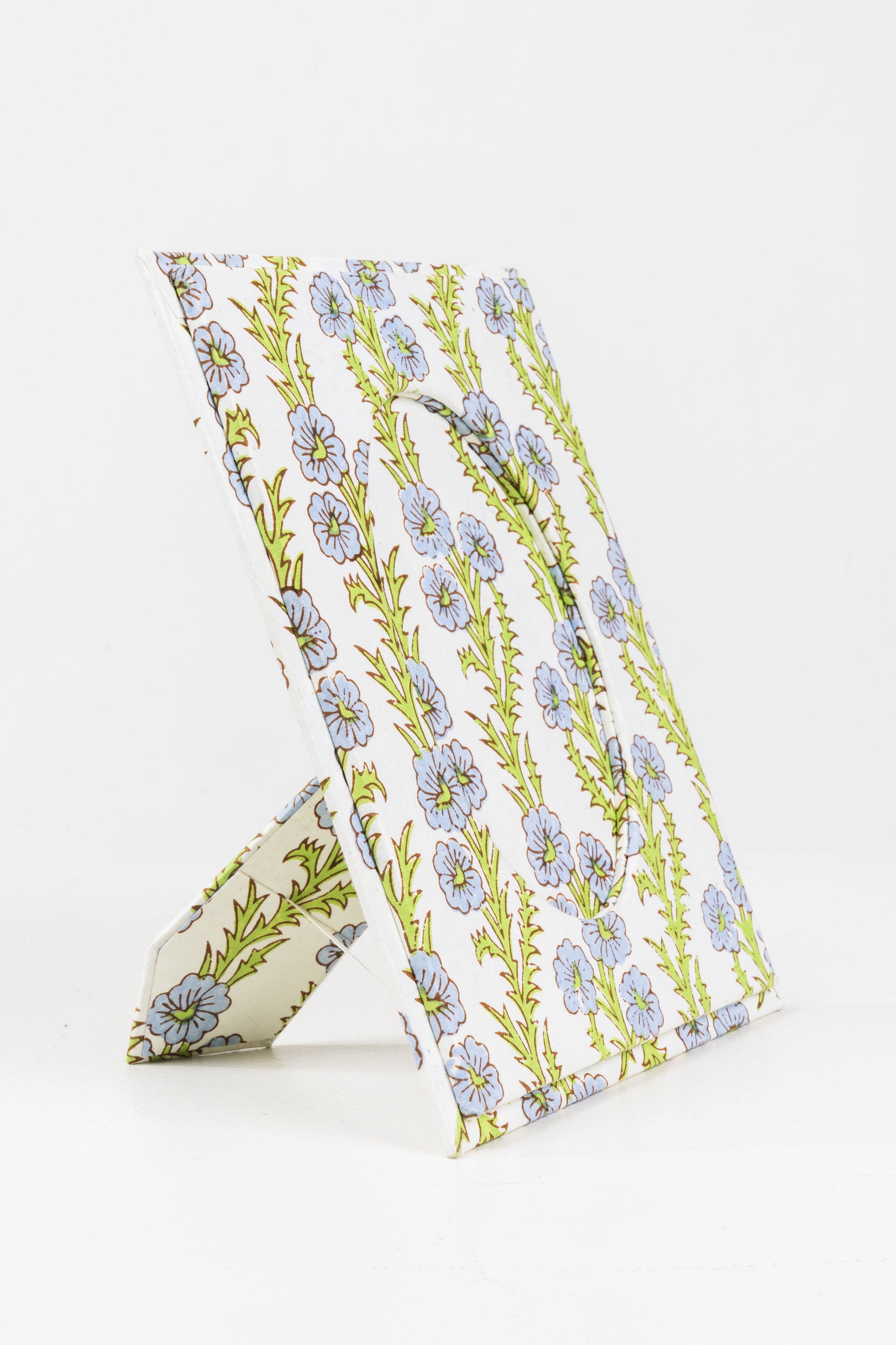 Blue forget-me-not printed fabric picture frame with oval opening, 4x6 from Inner Child