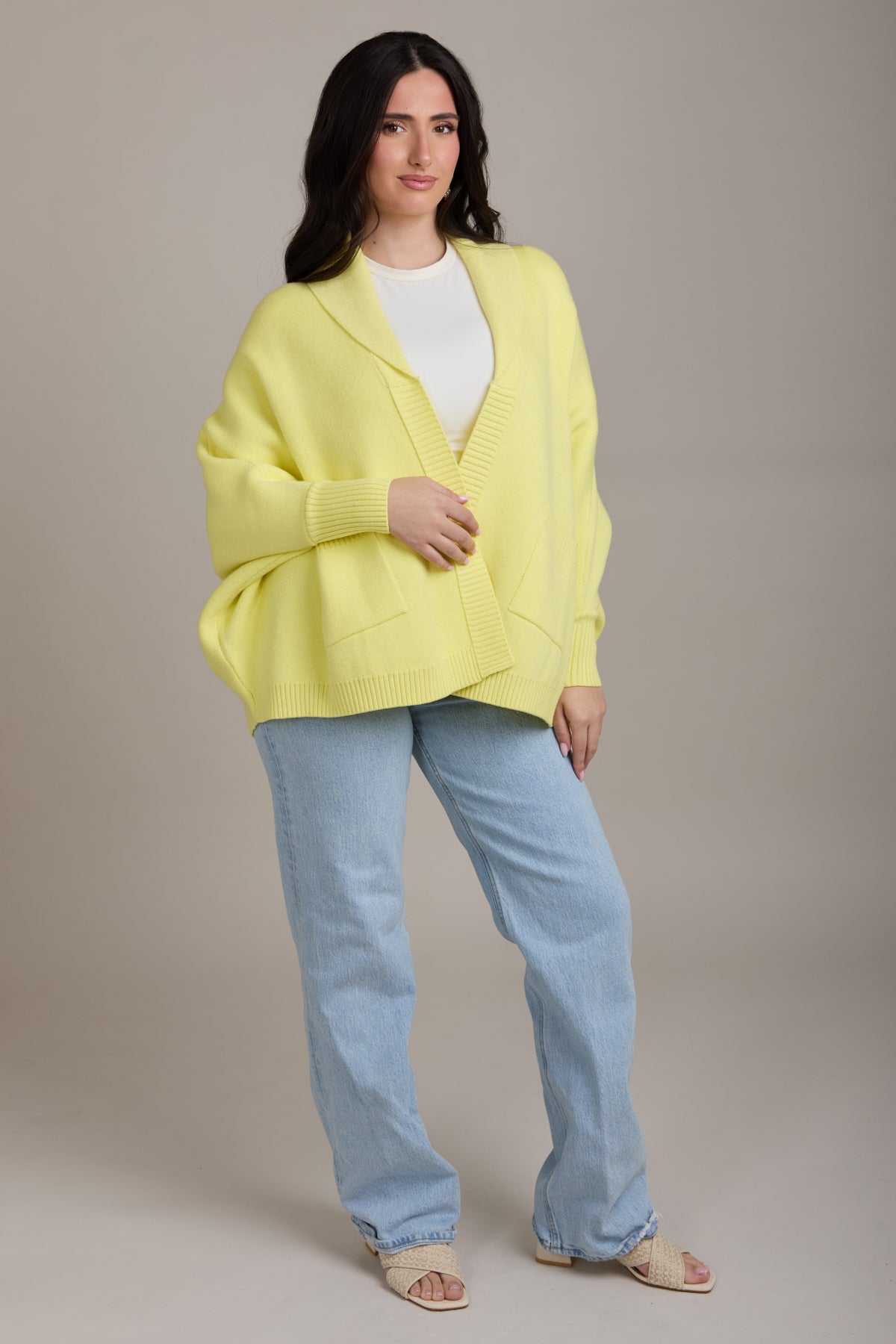 Open Front Oversized Cardigan Sweater - Light Yellow