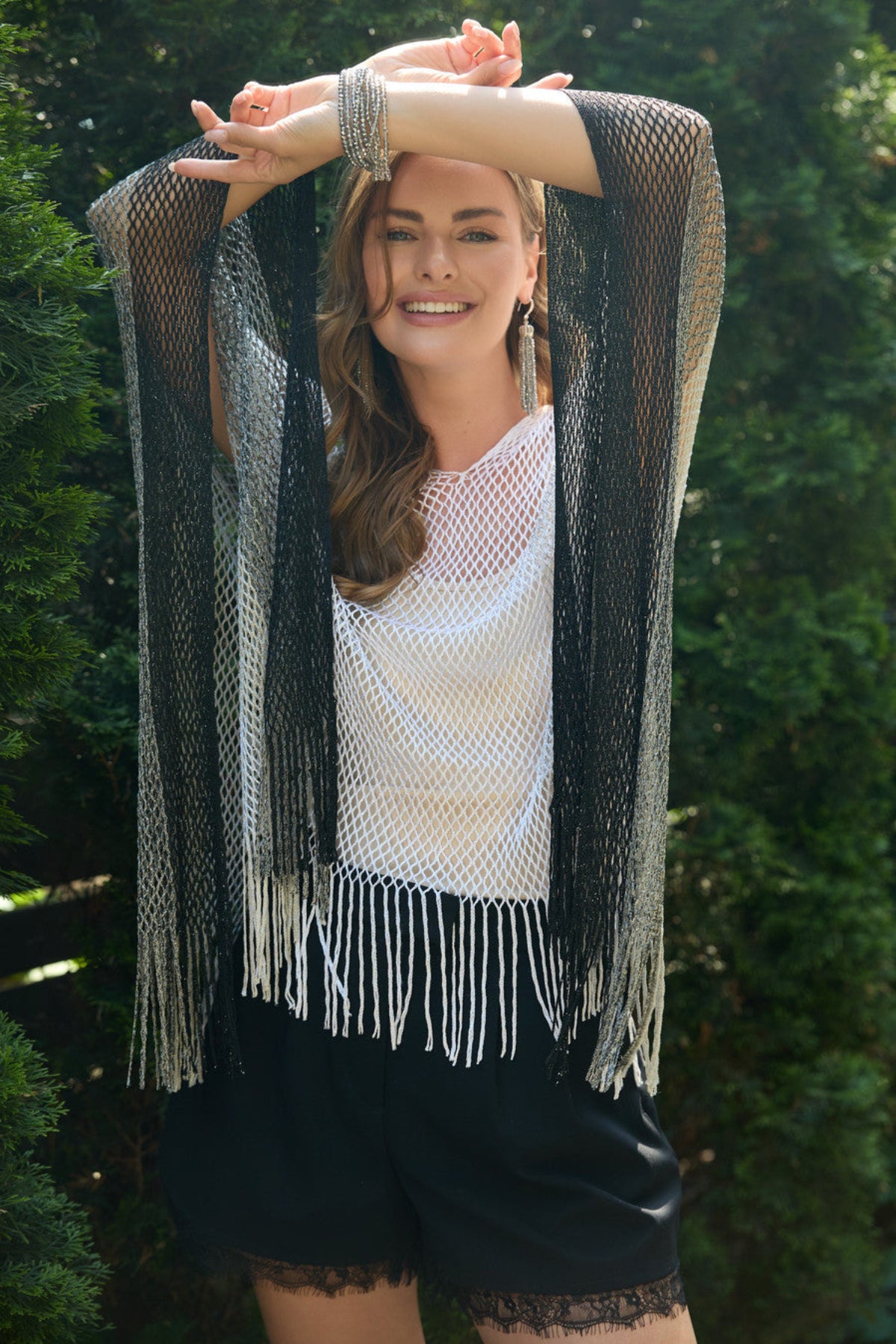 Metallic Fringe Poncho - Silver