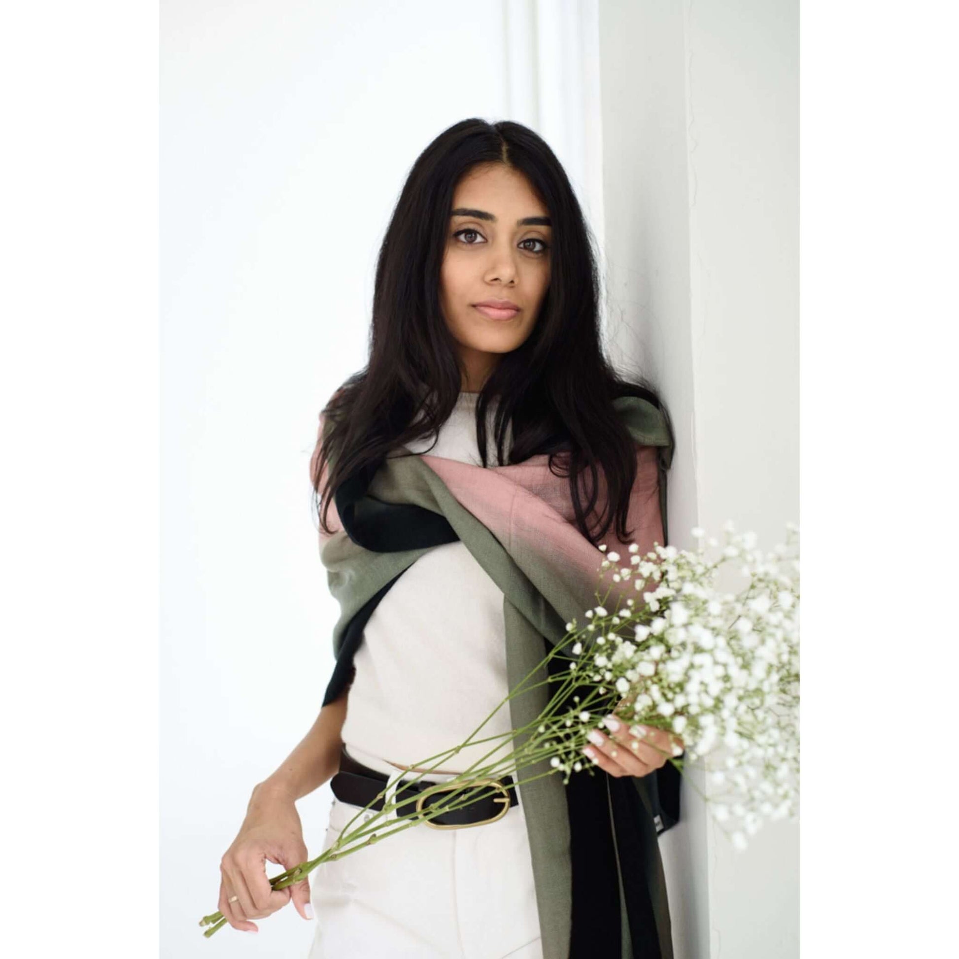 Iris Kiwi Green Pink Cashmere Merino Handwoven Scarf styled with floral accent.