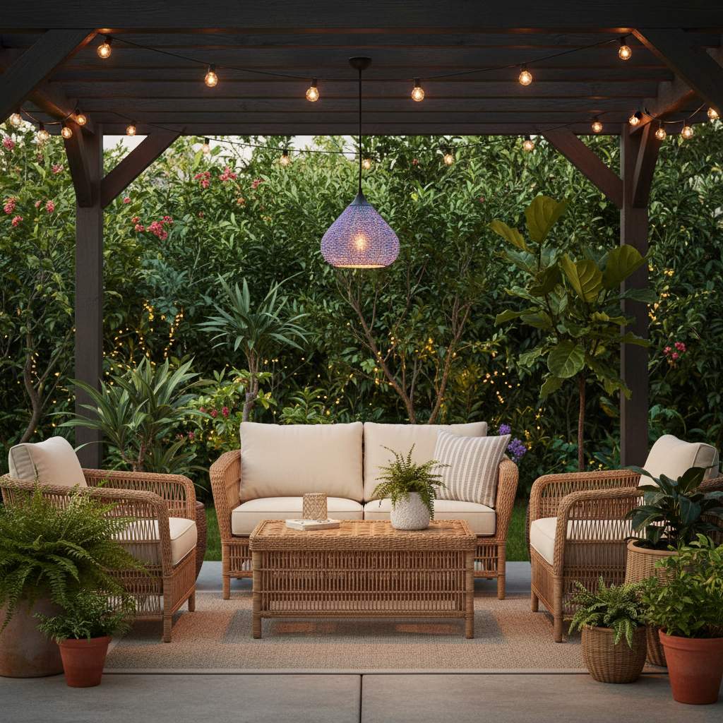 LeGourde Blue Pendant Light on a covered outdoor patio