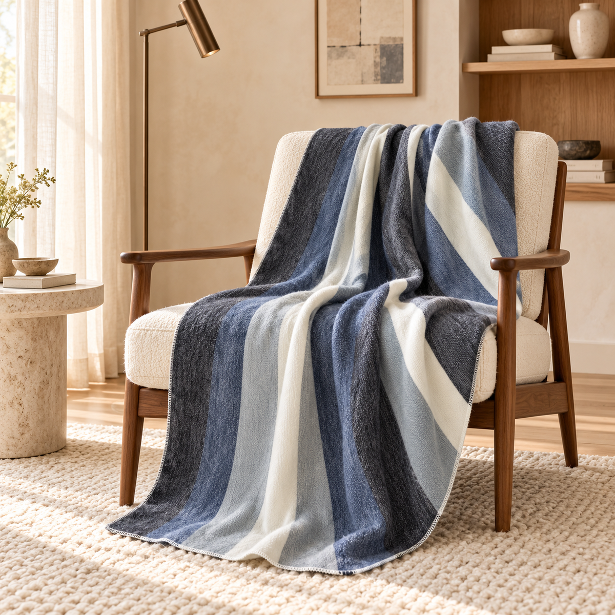 Denim Blues, Black & Cream handwoven alpaca throw blanket, Nawi Collection, made in Ecuador
