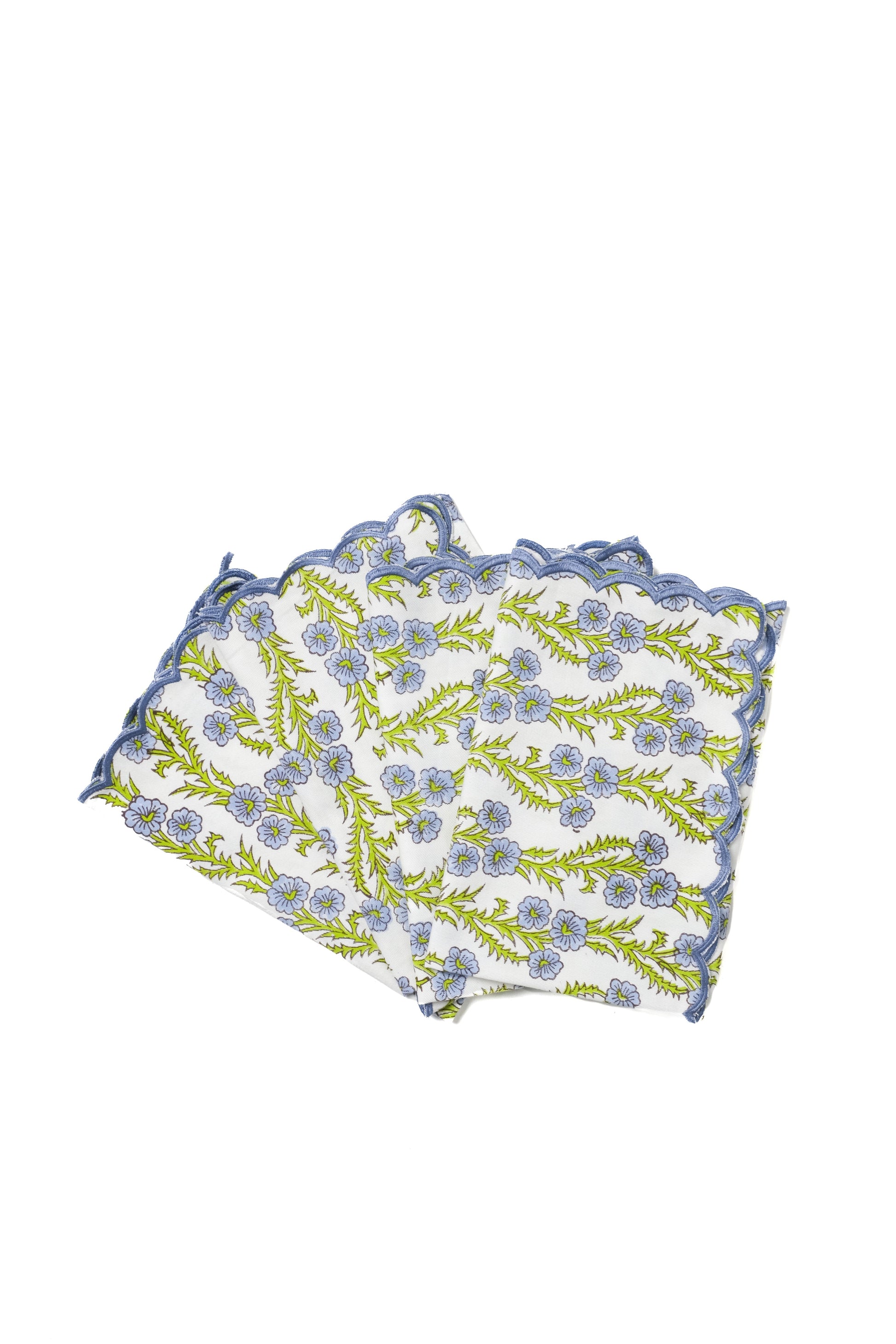 Forget-me-not scallop embroidered napkins set of 4 fanned display from Inner Child