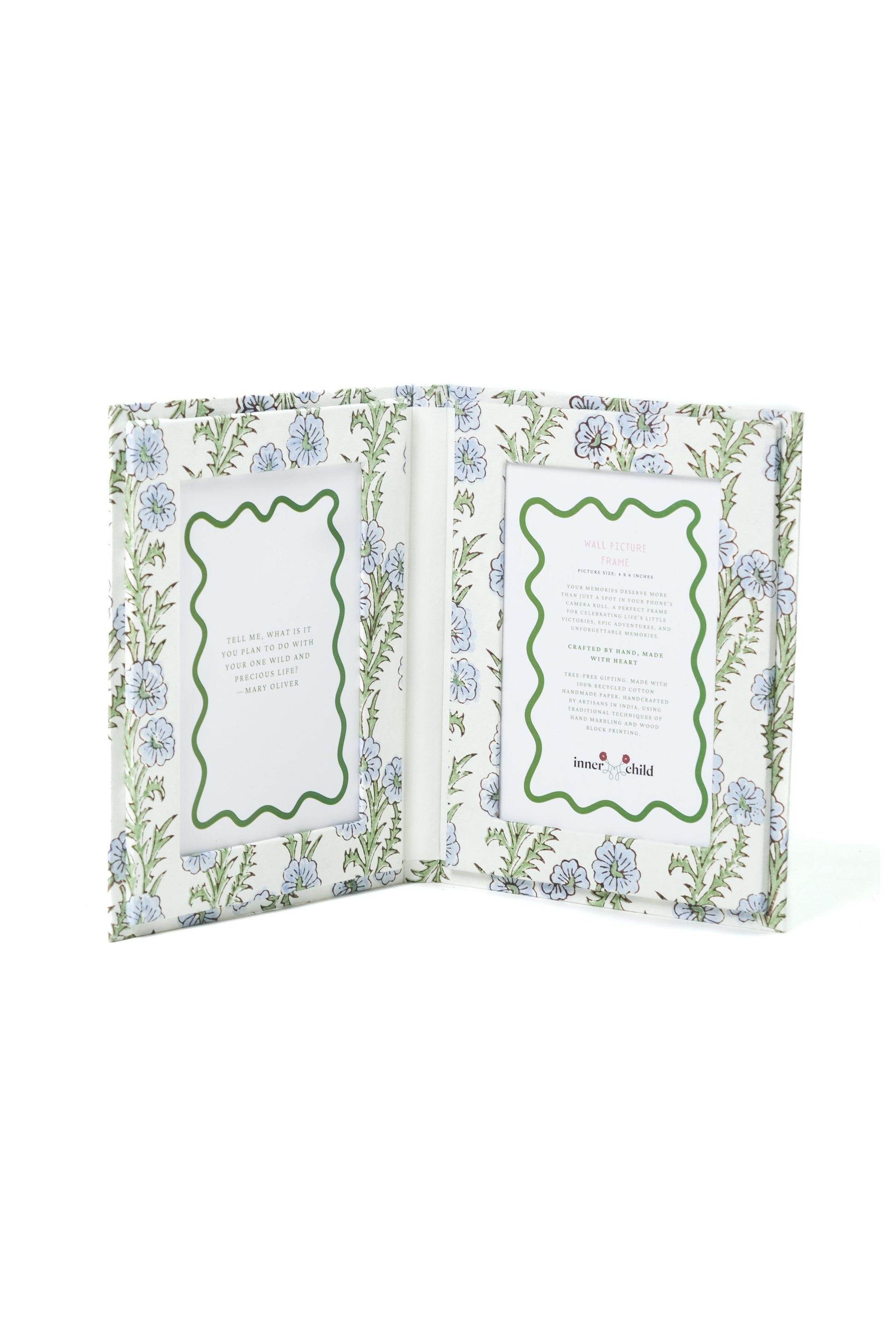 Forget-me-not blockprint folding picture frame book from Inner Child
