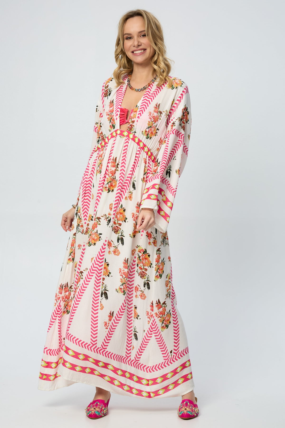Aztec Floral Keyhole Kaftan - White Combo