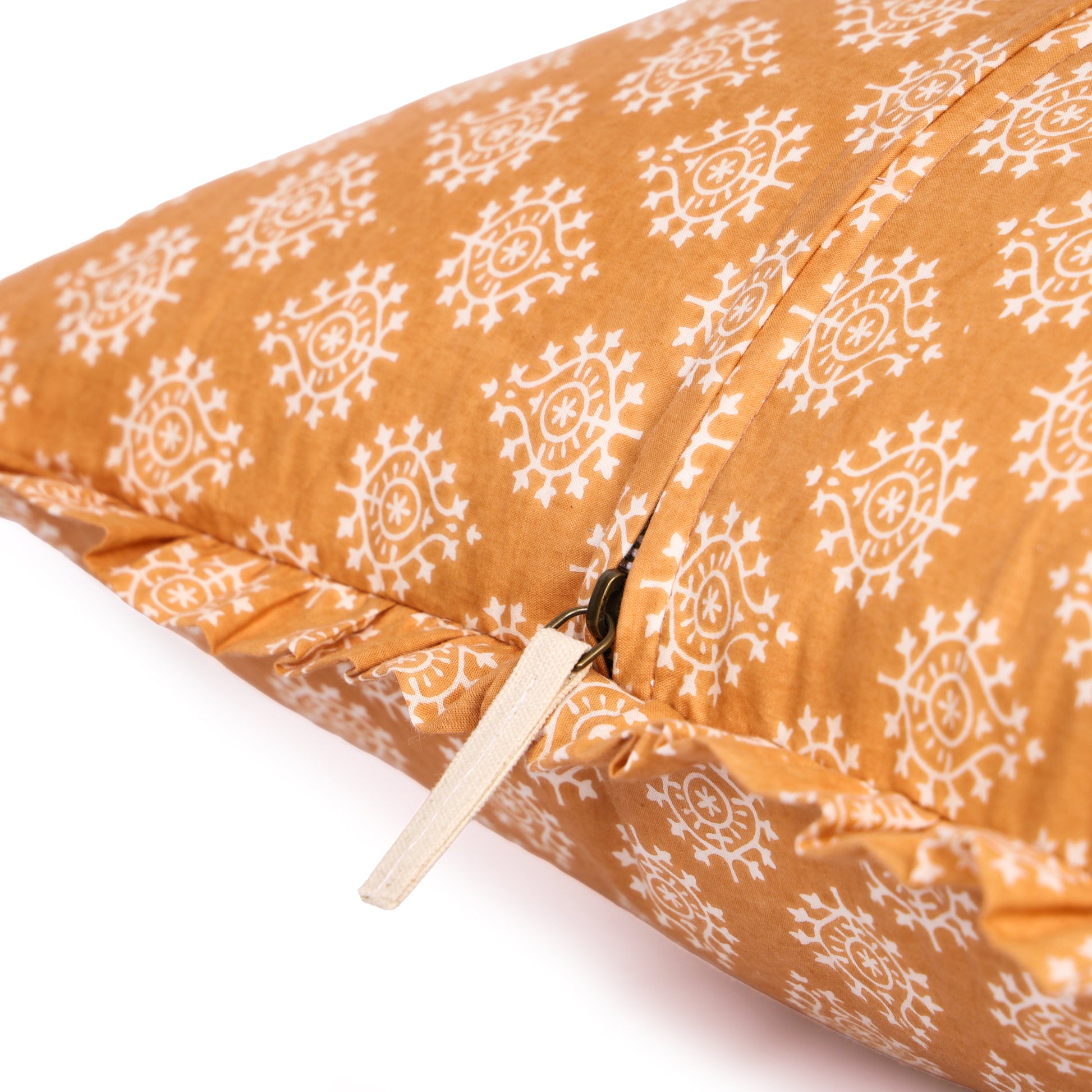 Marigold ruffled pillow cover angled view