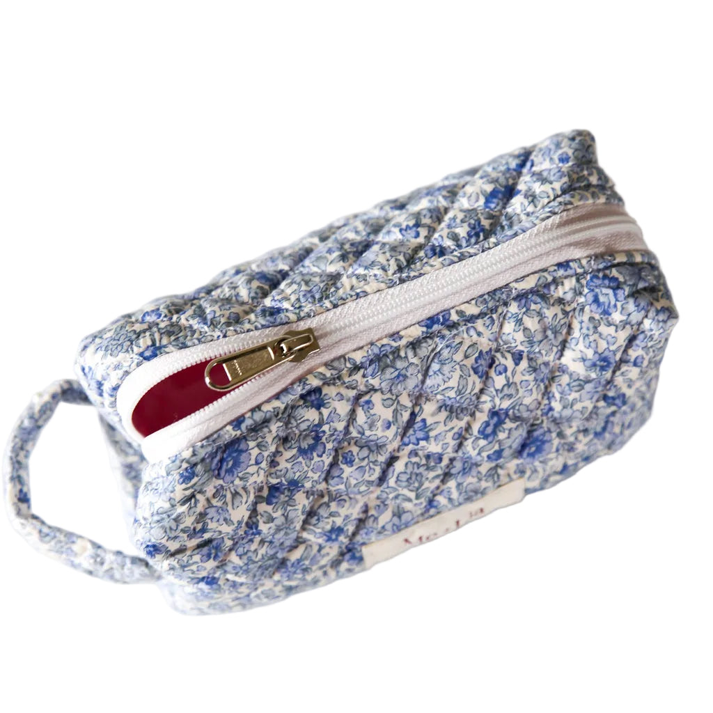 Blue Blossom Make-up Pouch Small — blue floral quilted cotton cosmetic pouch with wrist strap and zip