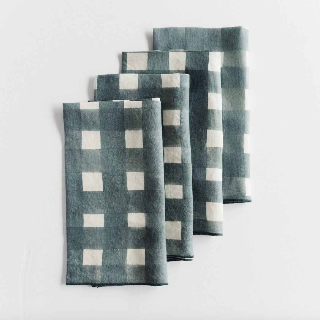 Blue Cross-Hatch linen dinner napkin set of 4 styled on elegant table setting - Goldie Home