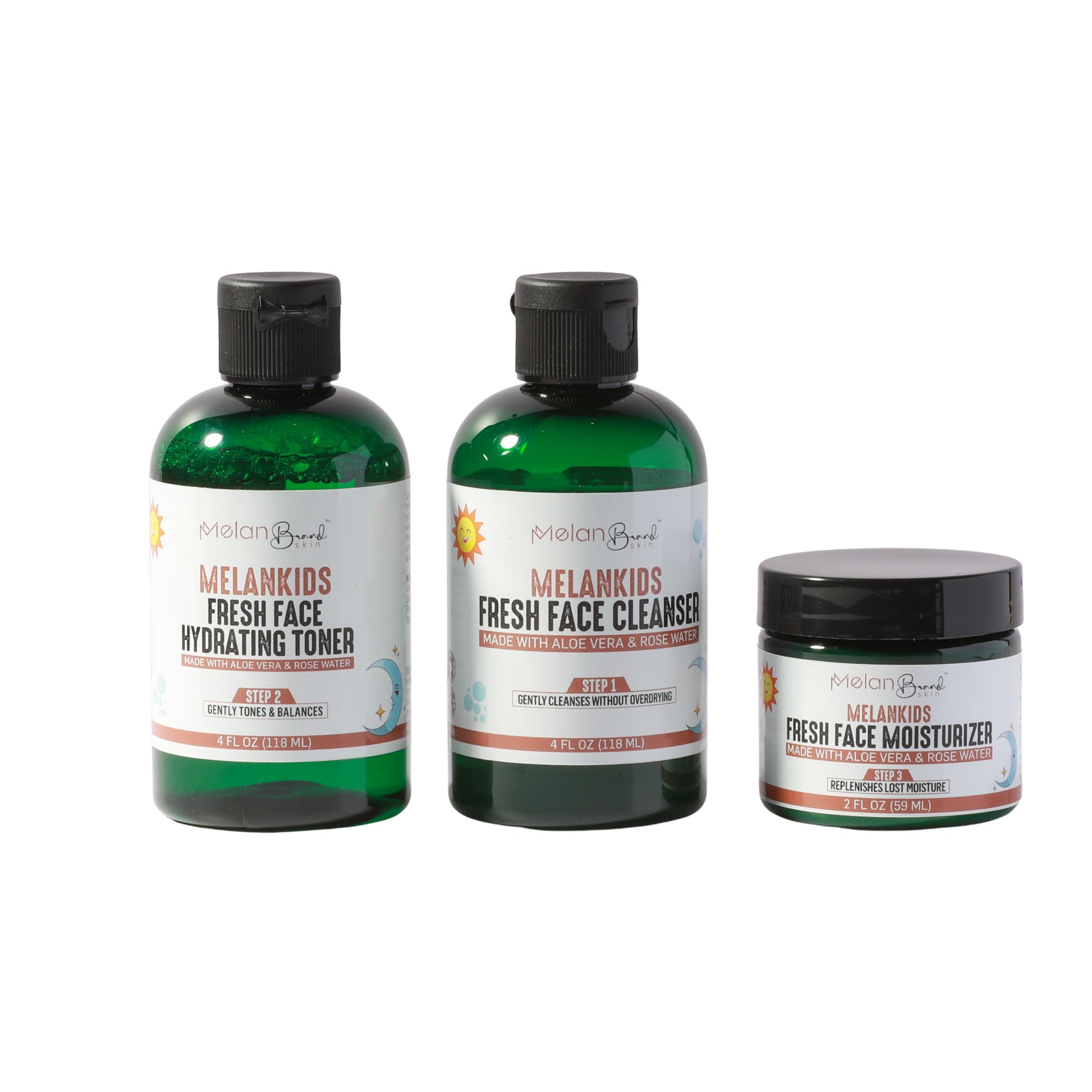 MelanKids skincare products on a bathroom shelf with bath items.