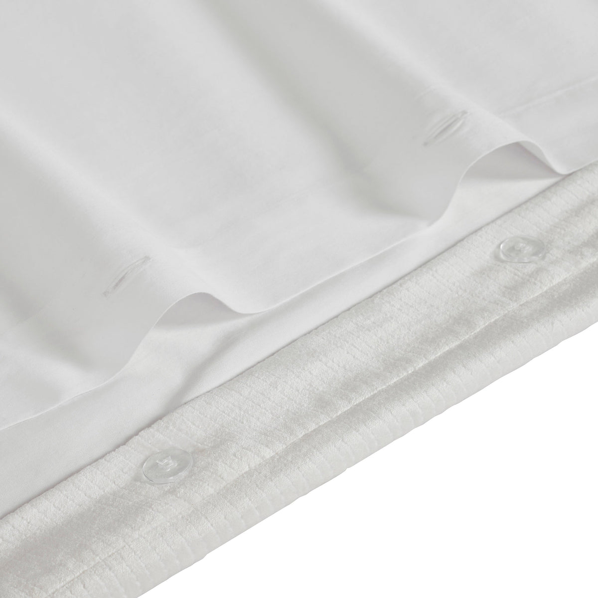 DT-052-10692_7|White textured duvet cover with durable button closure detail, showcasing its subtle striped fabric and quality craftsmanship.