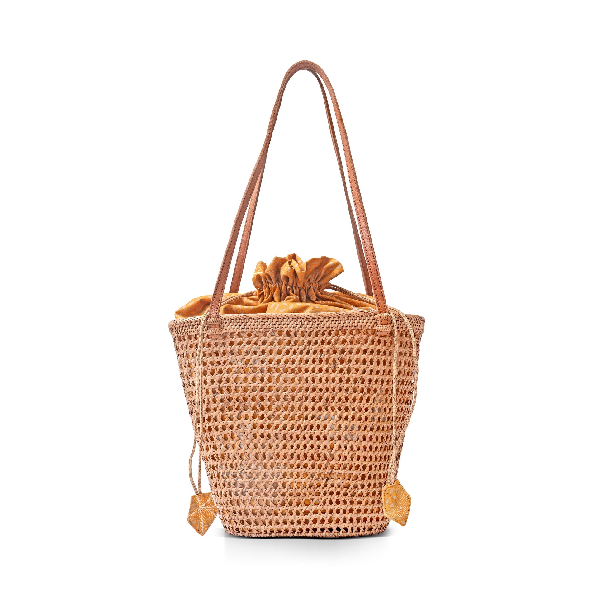 Honey Brown Medium Open Weave Mesh with lining Rattan Shoulder Tote Basket Handbag