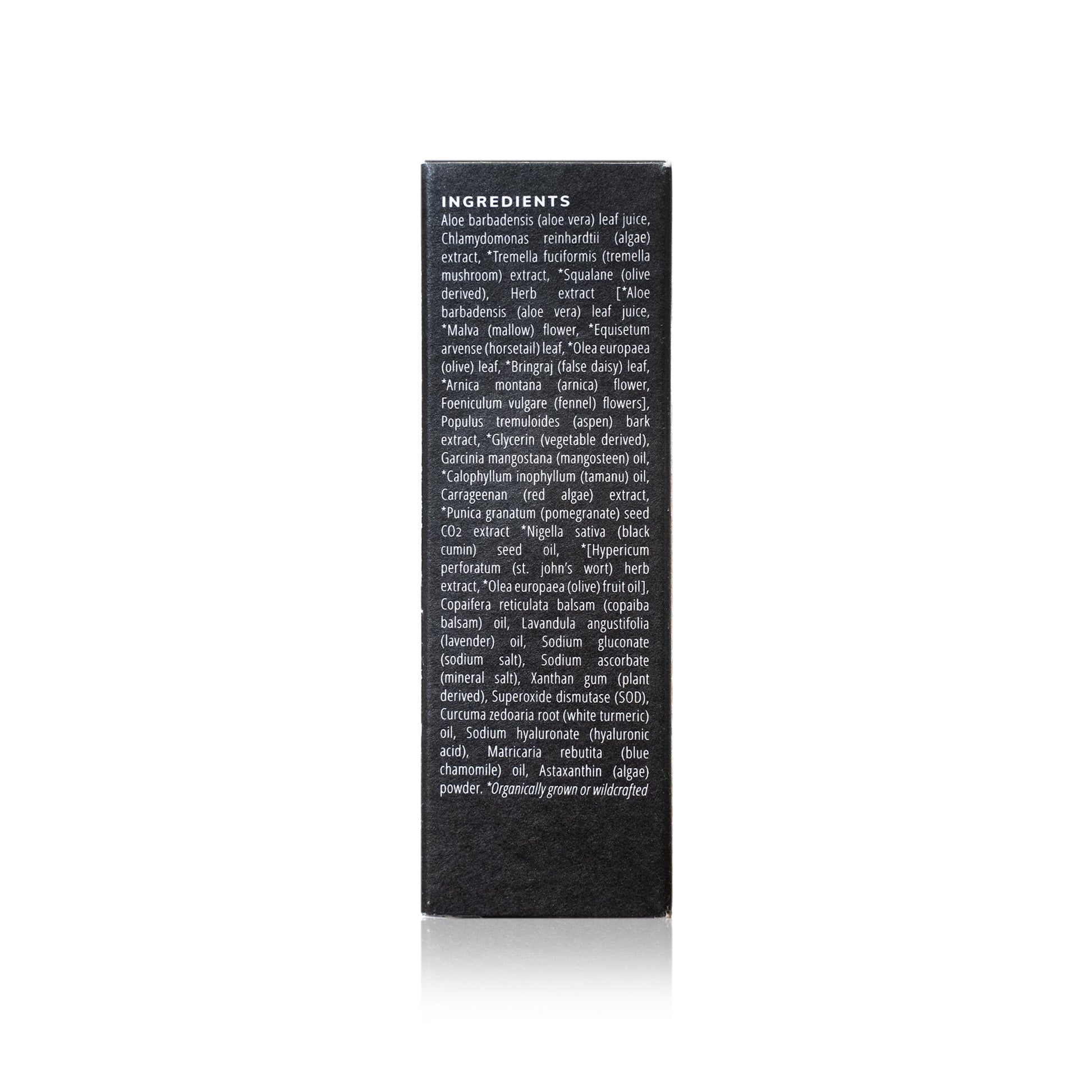 Back of Activated Night Serum box showing full ingredient list including aloe vera, algae extract, squalane, tamanu oil, pomegranate seed extract, and hyaluronic acid