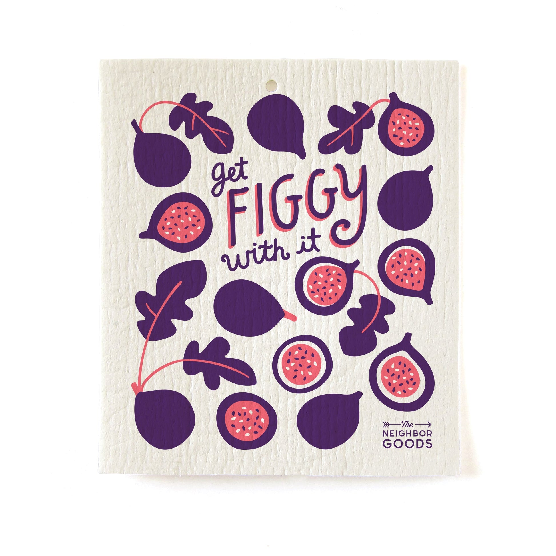 Back of matching dish towel and sponge cloth set with figs design, featuring the phrase "Get figgy with it"