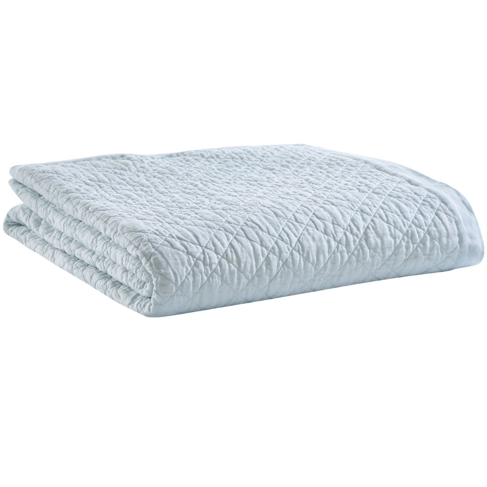 CL-255-11096_6|Soft light blue quilted coverlet, neatly folded. Perfect serene bedding with a modern diamond pattern for comfort.