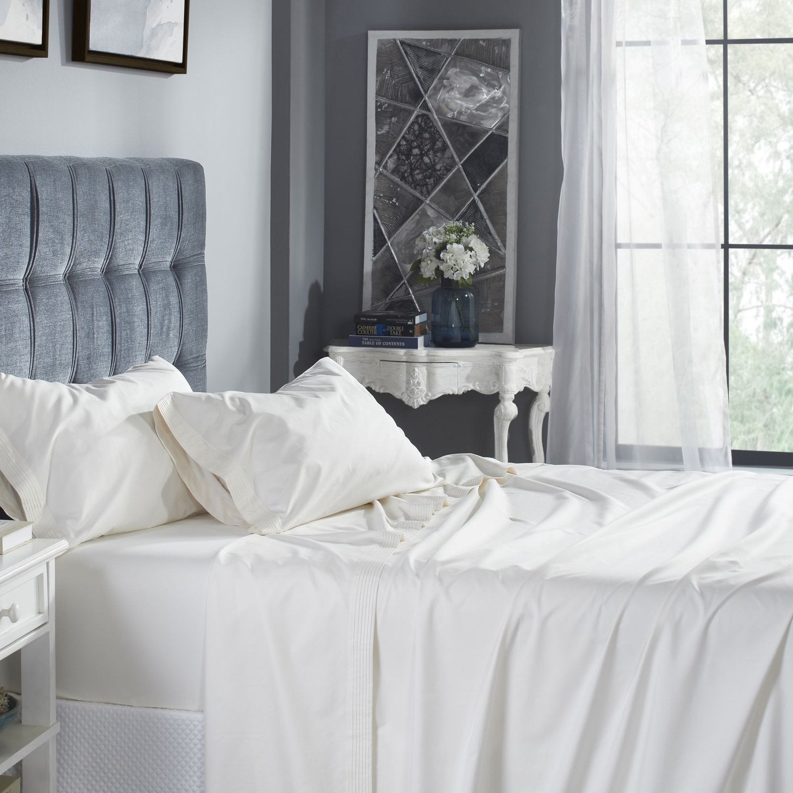 QSS-522-6080_2|Crisp white 100% cotton sheets with elegant pleated details, offering breathable comfort and a sophisticated bedroom style.