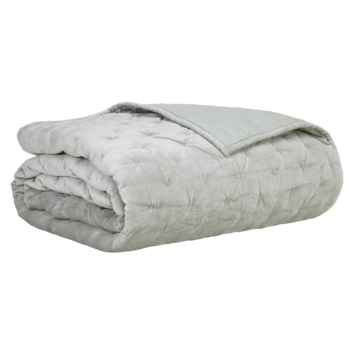 QT-371-9496_6|Folded light grey velvet quilt, showcasing soft texture and square tufting, perfect for adding warmth and style.