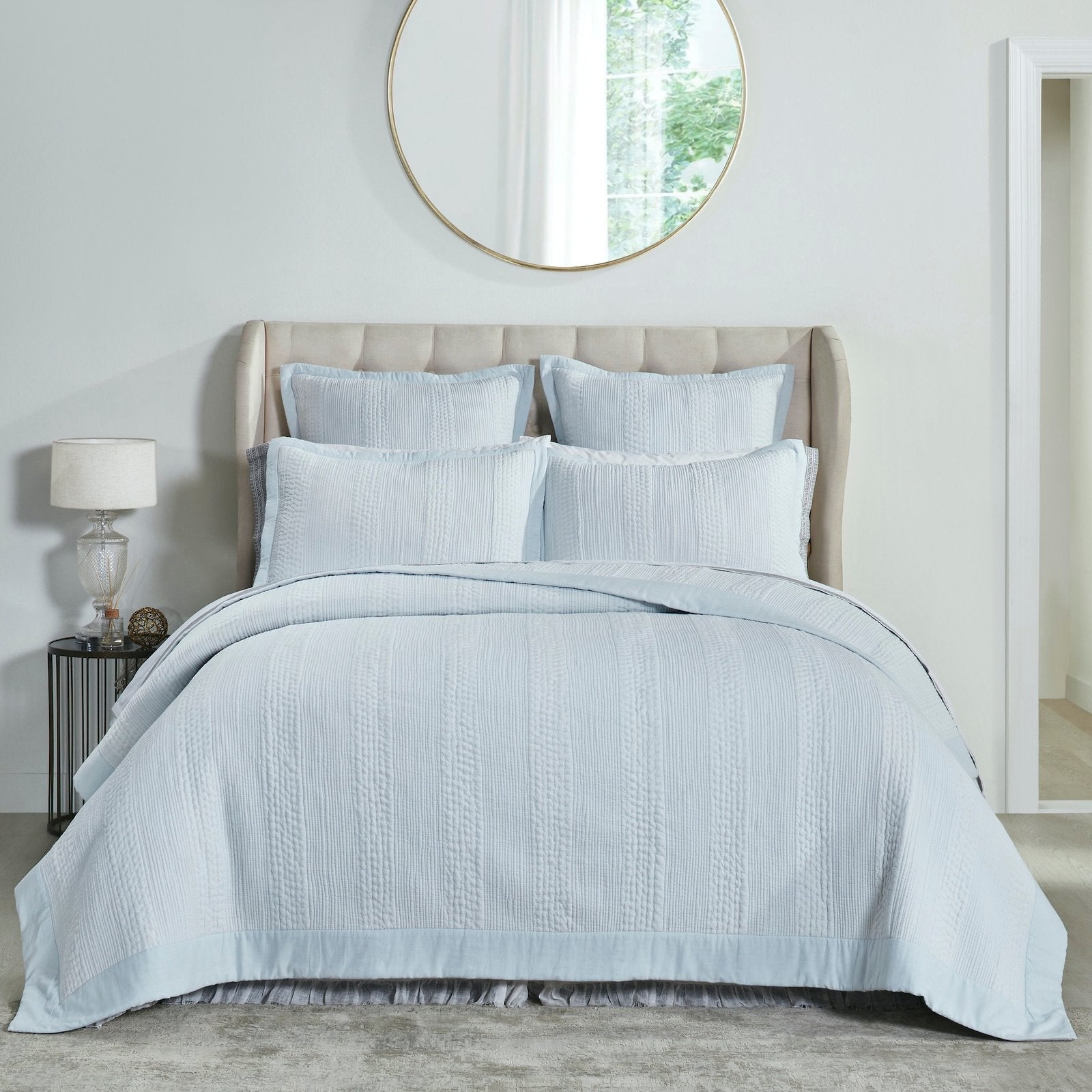 CL-257-11096_2|Beautiful light blue textured coverlet with elegant stripe patterns, enhancing bedroom aesthetic and cozy comfort.