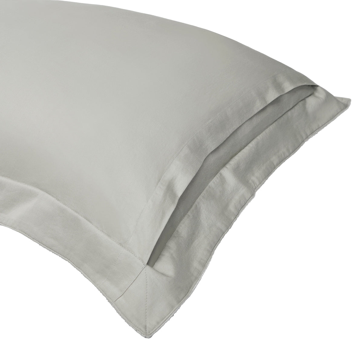 SS-054-2026_2|Elegant light grey plain cotton sateen pillowcase, detailed with a crisp hemstitch border, complements luxurious duvet covers.