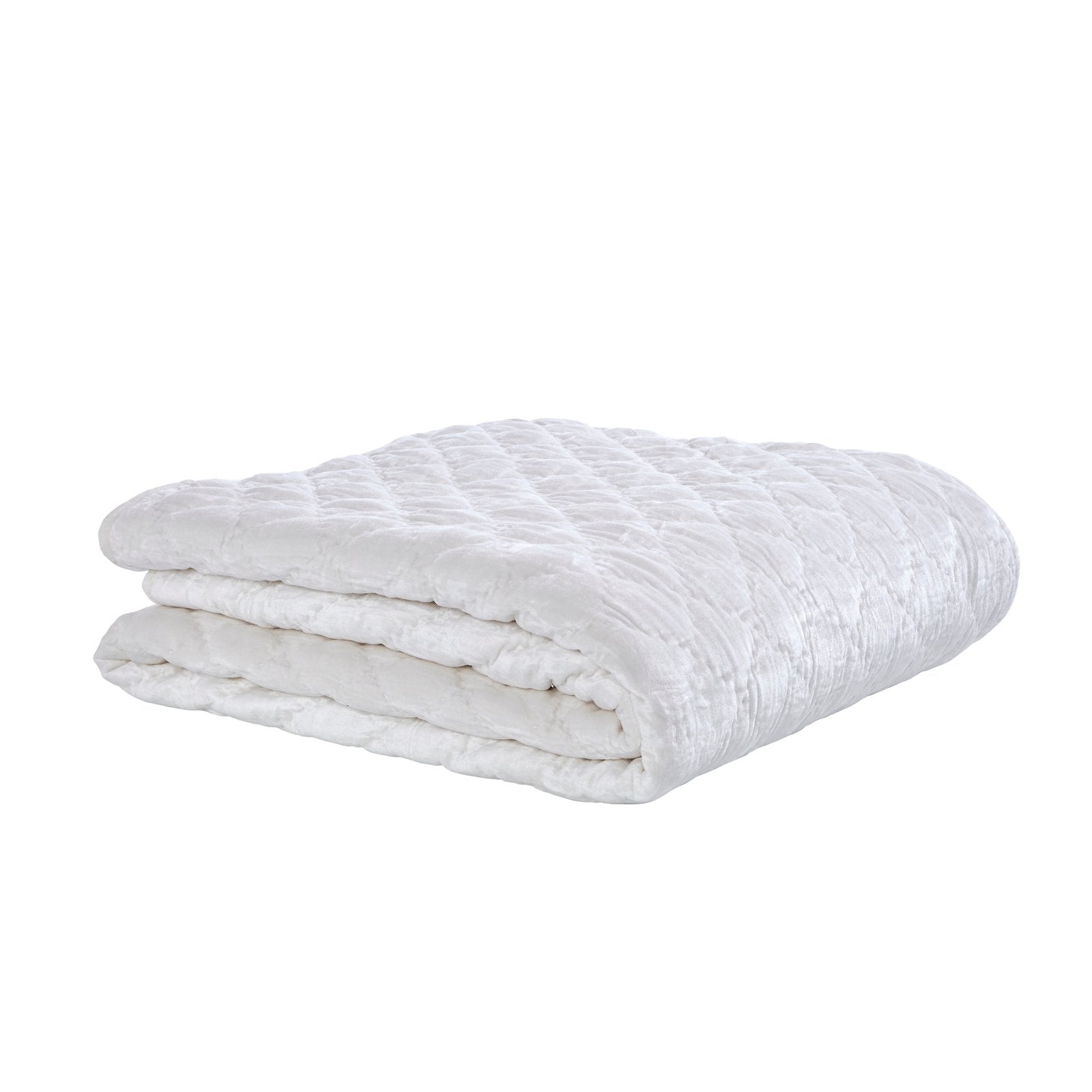 QT-343-11096_3|Folded white velvet quilt showcasing intricate diamond quilting. Luxuriously soft and plush, perfect for crisp bedroom comfort.