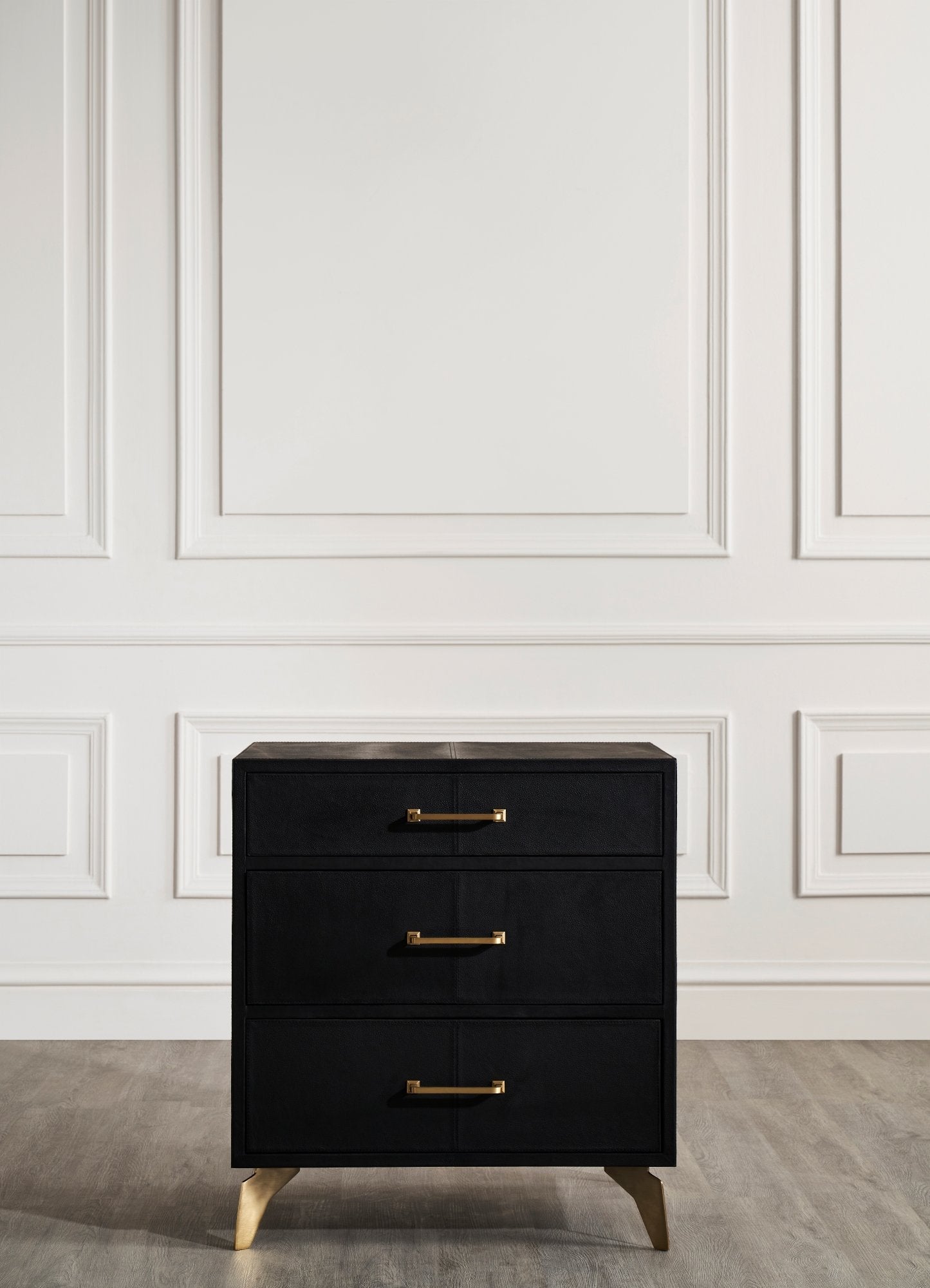 FN-5200-262028_2|Sleek black leather furniture dresser with three drawers and gold handles, adding elegance and functionality to any living space.