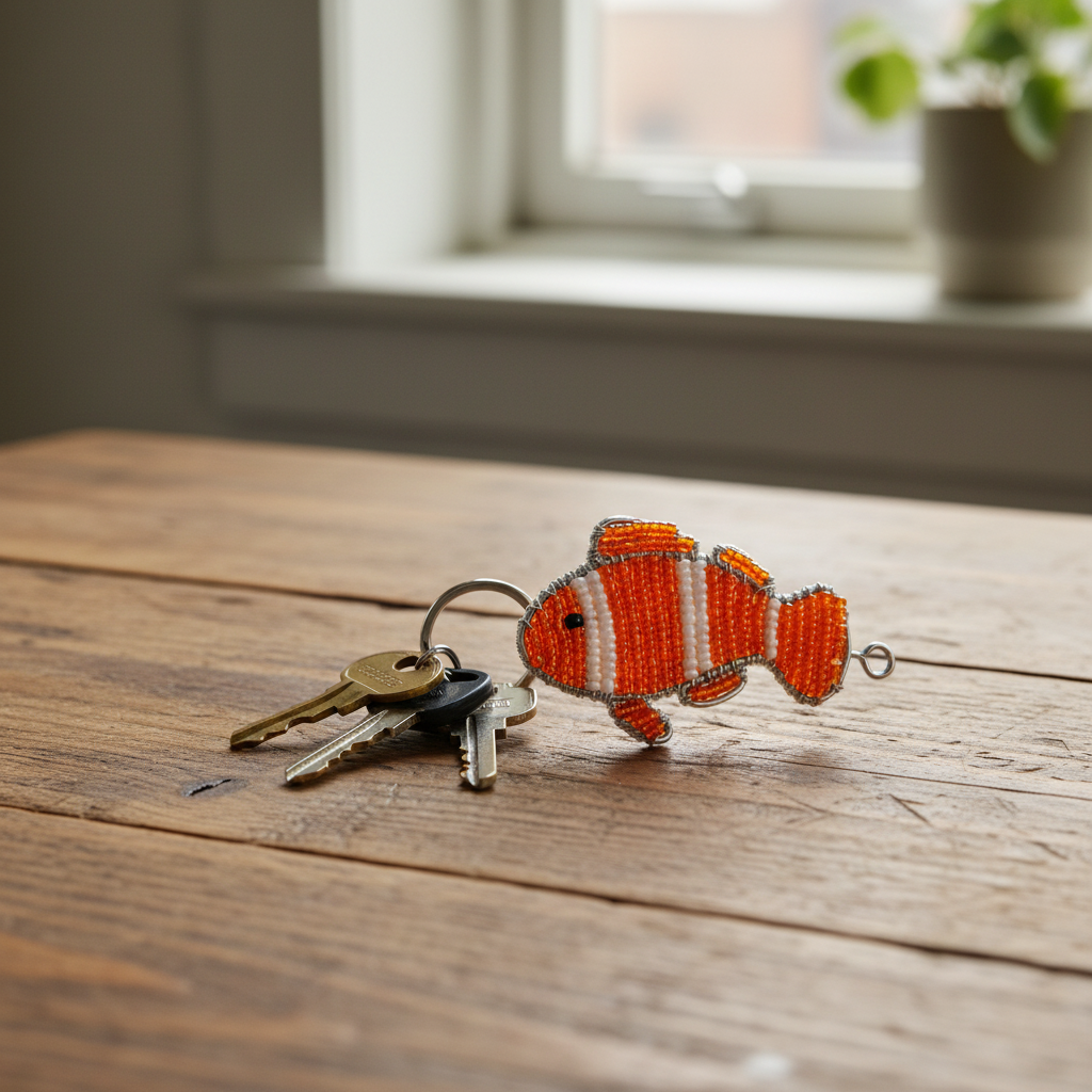 Clown Fish Keyring Set of 6 attached to keys on a wooden table