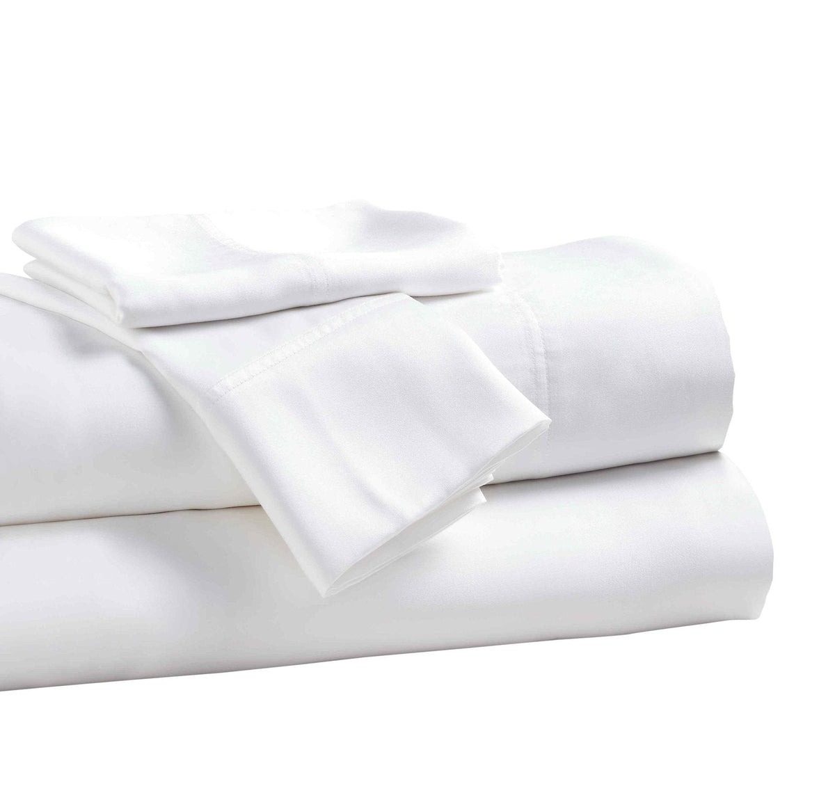 KFT-509-7880_4|Stacked white 100% Lyocell sheet set, crisp and folded. Sustainable, luxury bedding for a refreshing sleep experience.