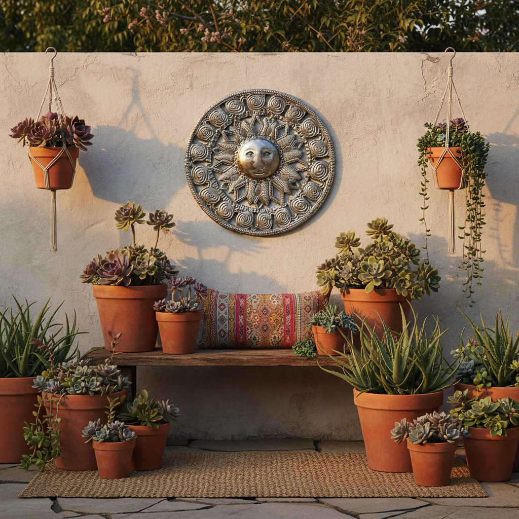Here Comes the Sun Haitian metal wall art displayed on boho patio garden wall with succulents and terracotta pots