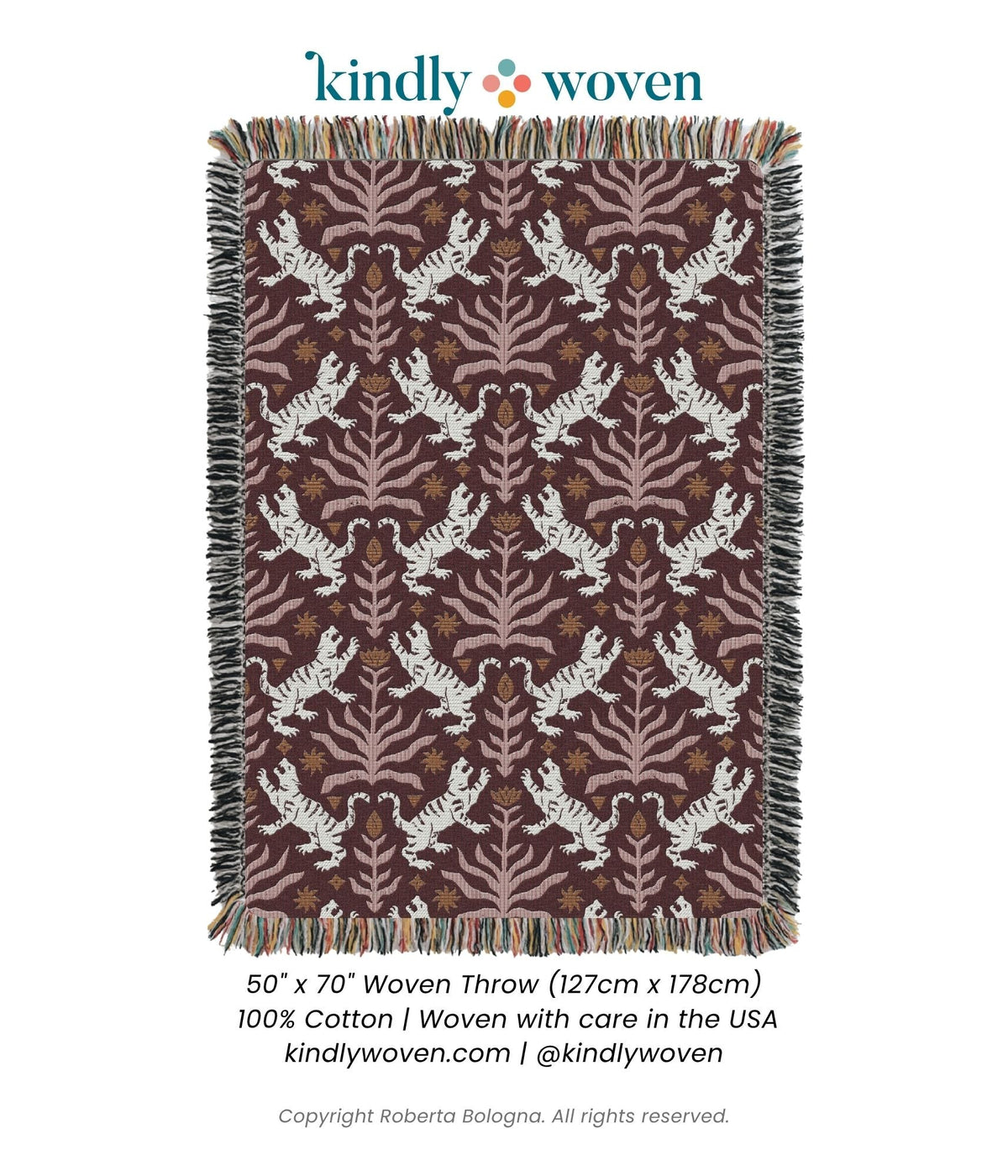 Leona Solstice product card showing the full red tiger folk-art woven throw blanket