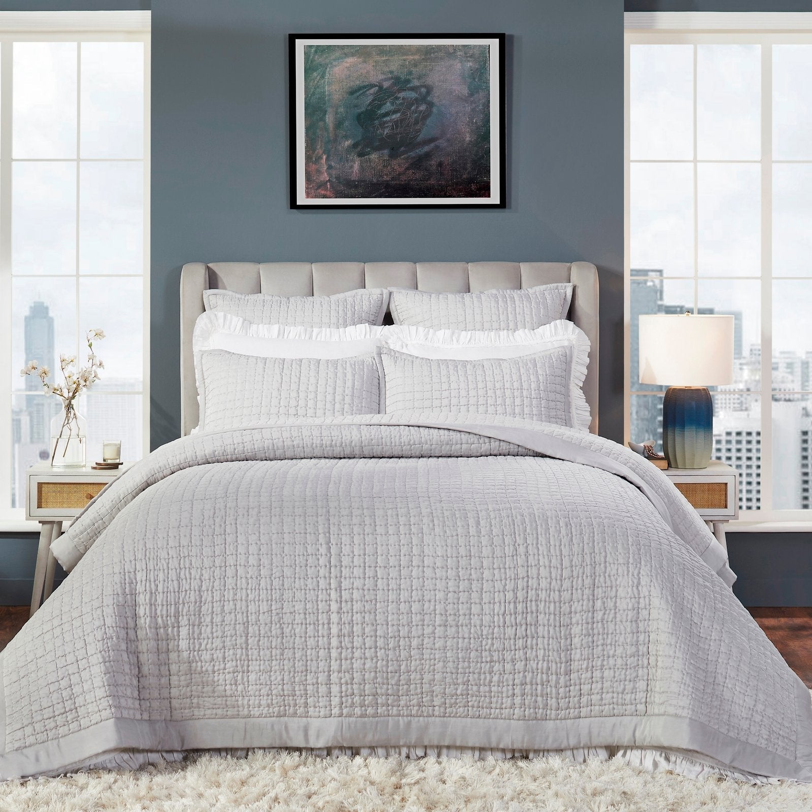CL-177-9496-LOT1_1|Soft grey quilted coverlet with a subtle grid pattern, offering cozy comfort and elegant style for any bedroom.