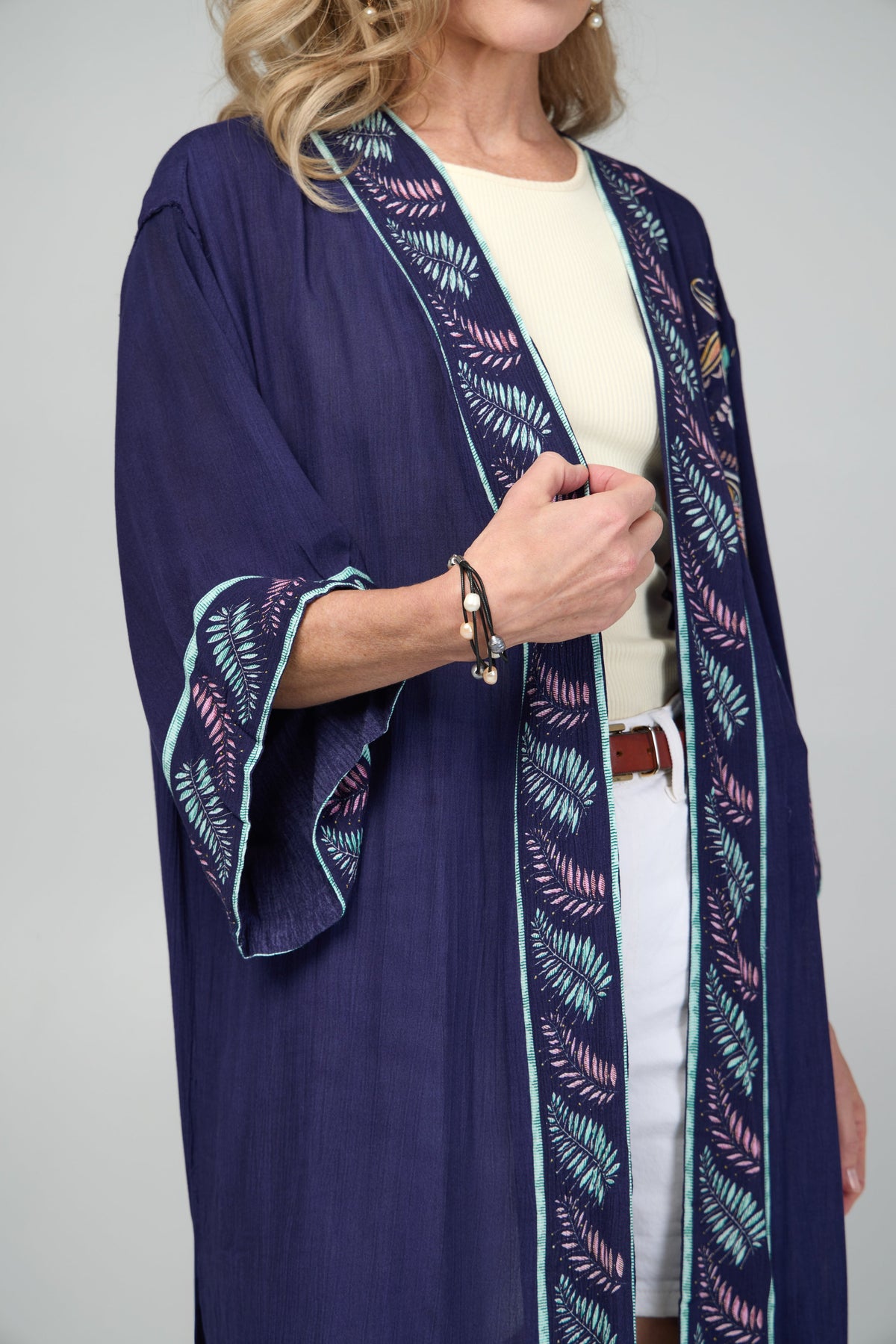 Flowy Paisley Kimono Long - Navy