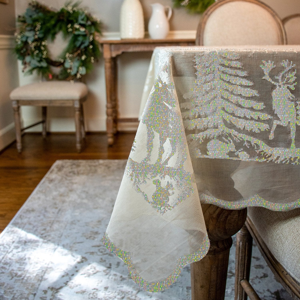 Prince of Scots Scottish Leno Gauze Christmas Tablecloth ~ Snow Lurex ~-Home Gifts-Prince of Scots-MadrasSnowTable-810032752323-Prince of Scots