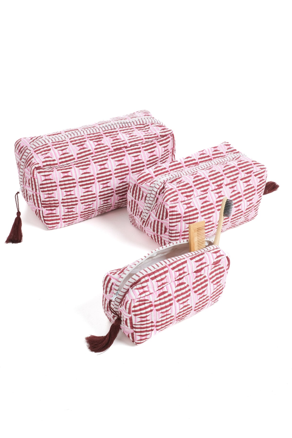 Inner Child burgundy pink striped circle blockprint makeup bags