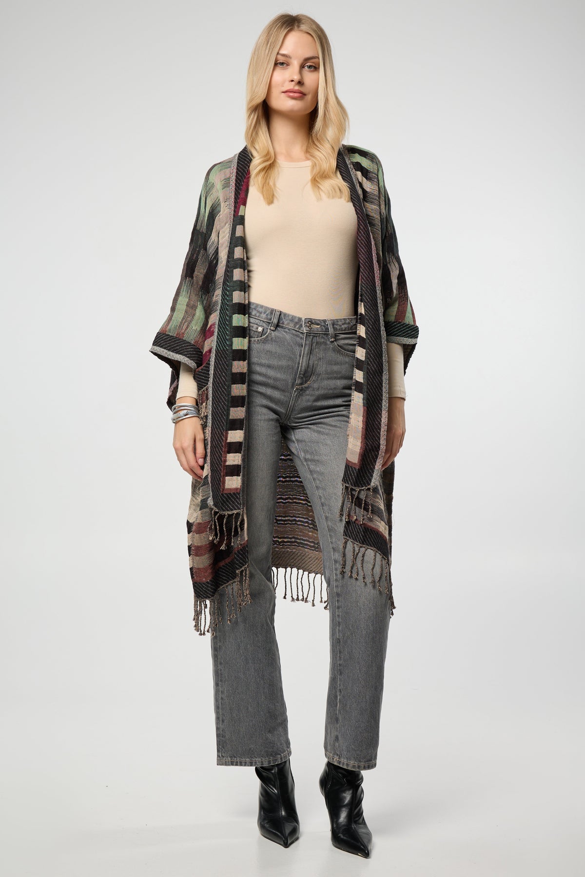Cotton Retro Striped Fringe Long Jacket - Gray