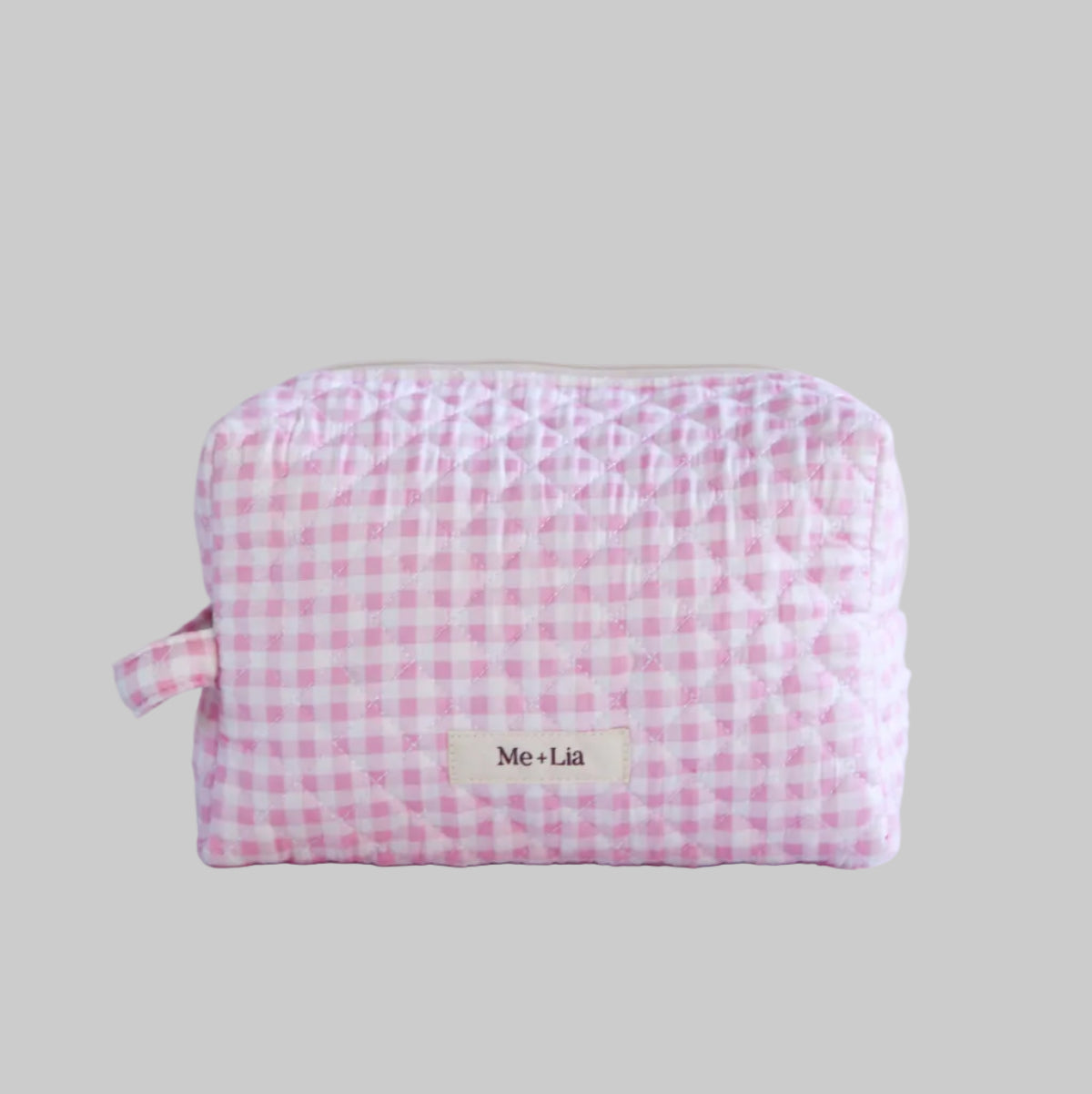 Gingham Pink Make-up Bag Large — interior of pink gingham cotton cosmetic bag
