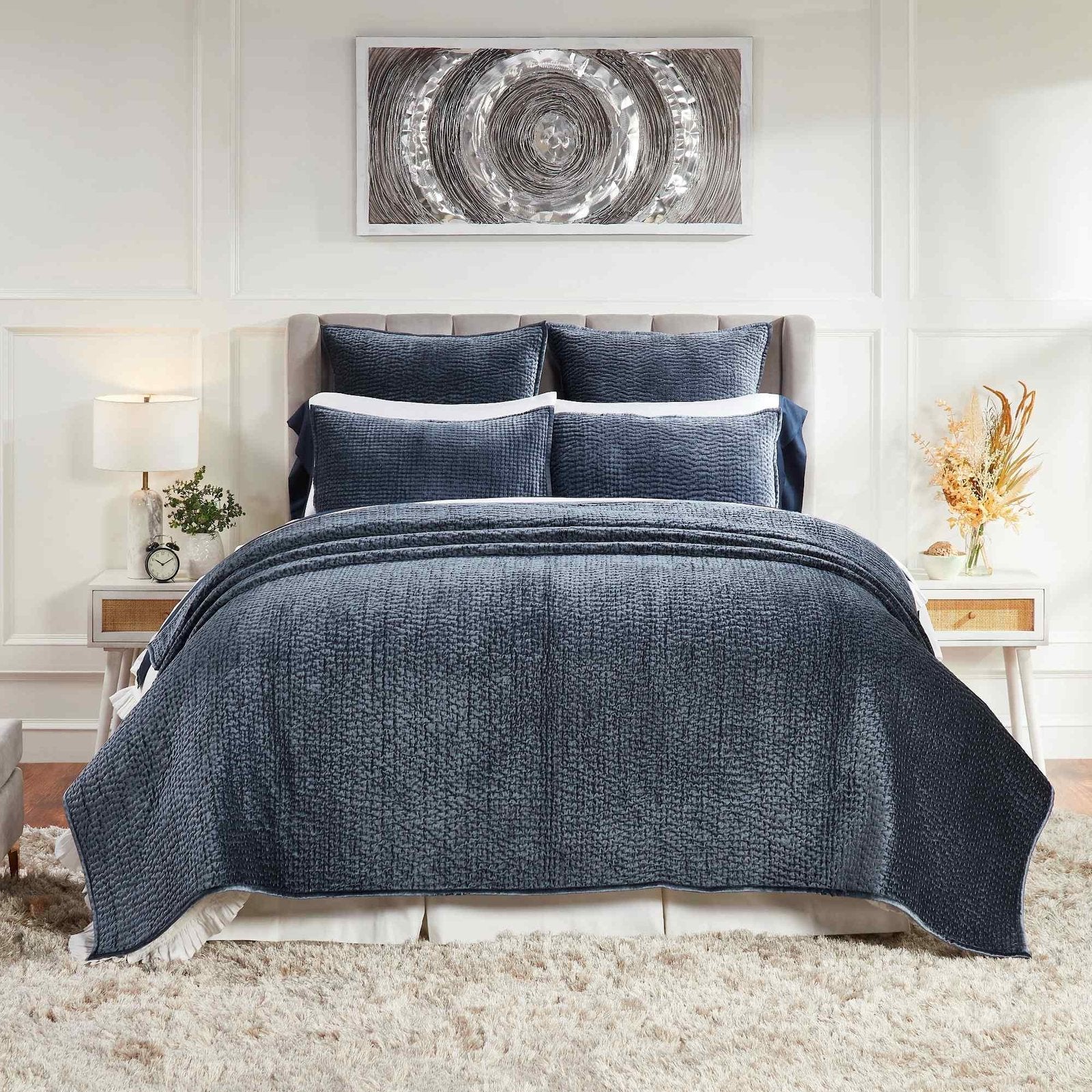 CL-195-DUP-X_1|Modern bedroom featuring a indigo blue textured waffle weave coverlet set and crisp white shams for a stylish look.
