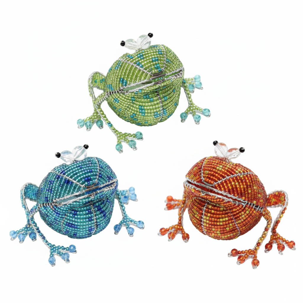 Set of 3 small handcrafted beaded frog figurines on white background – 11FRGSS1
