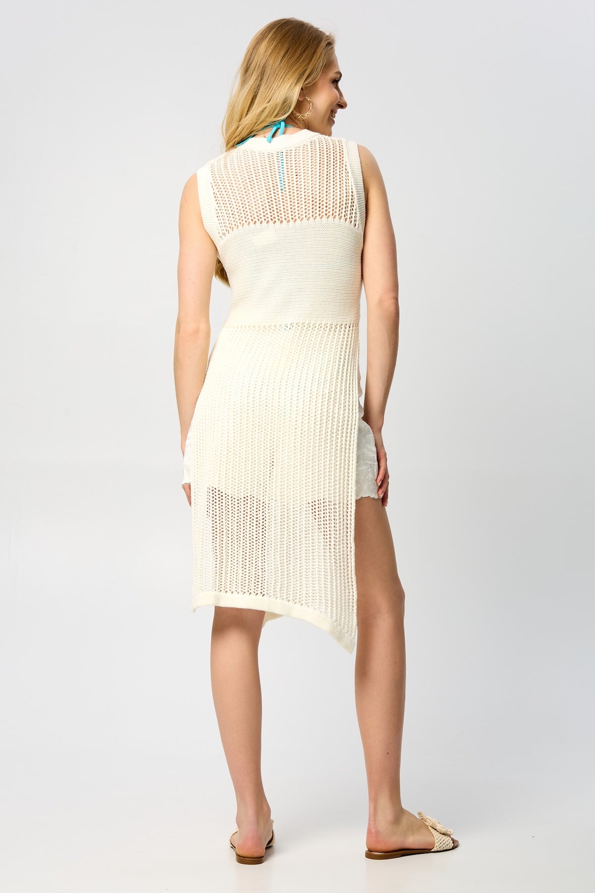 Cotton Crochet Cover Up Split Hem Kaftan - Ivory
