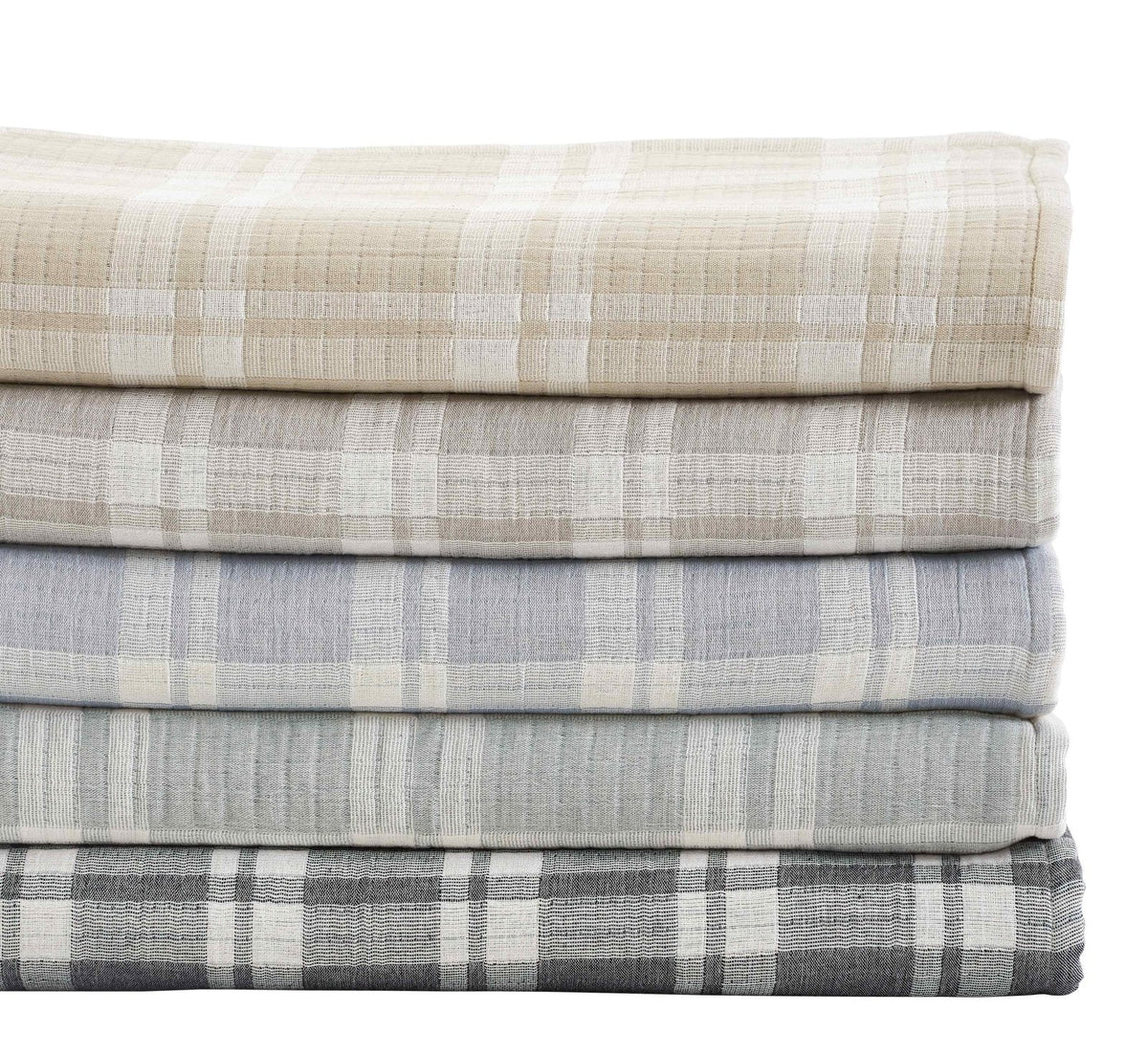BT-117-9496_2|Stack of five plaid pattern cotton blankets in diverse colors: beige, light grey, blue, mint, and charcoal, textured finish.
