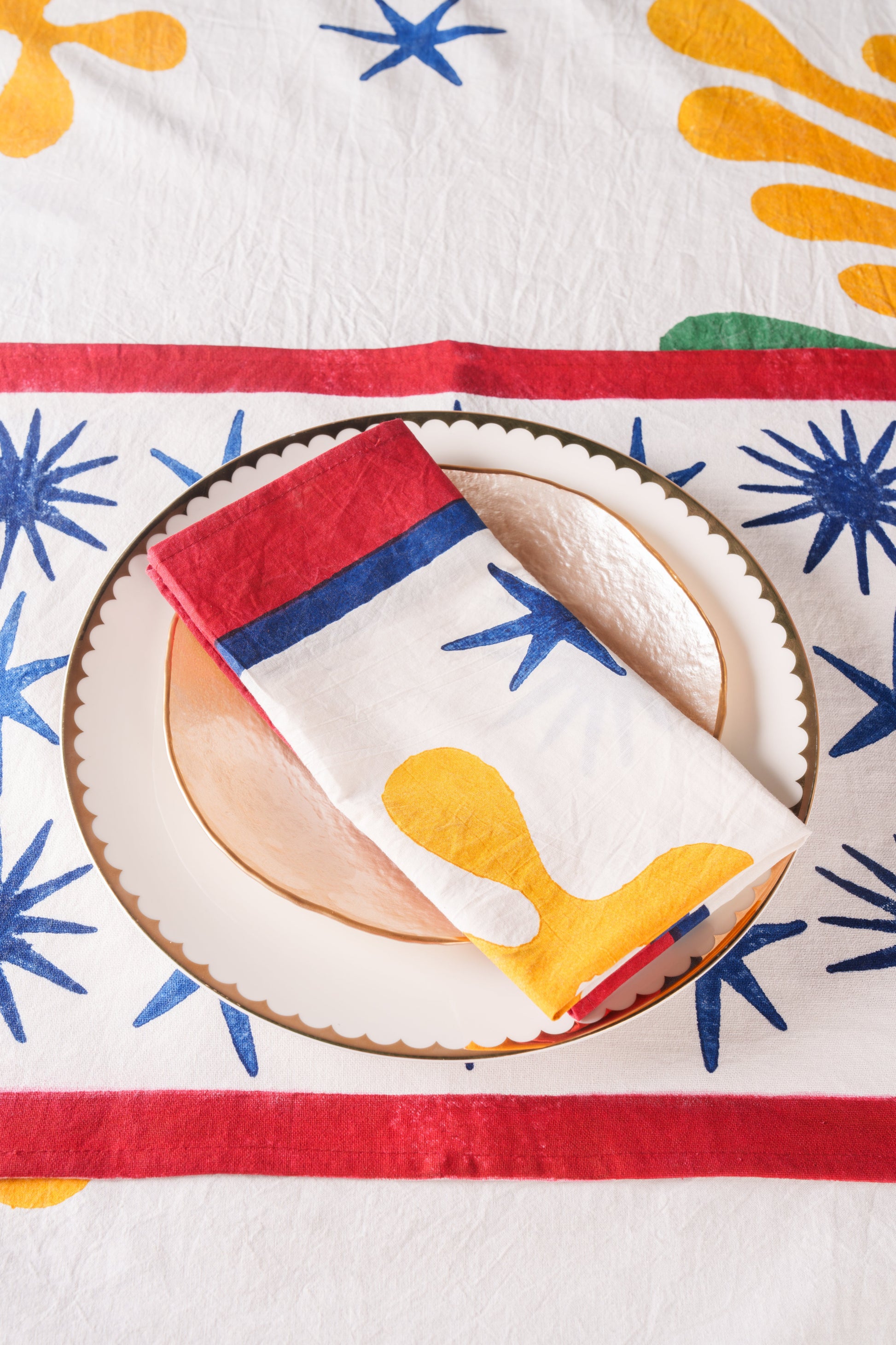 Inner Child Celestial Matisse blockprint napkin set with red/blue/yellow designs