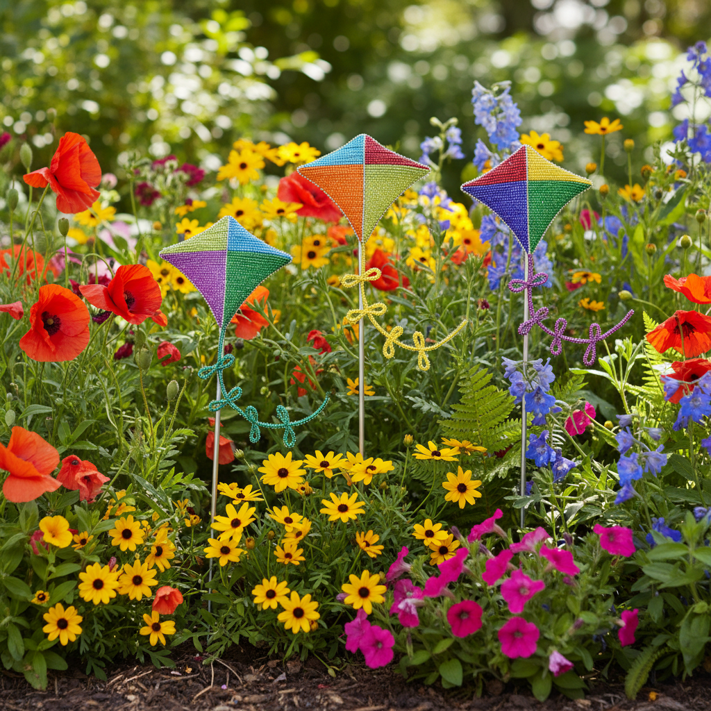Beaded kite garden stakes set of 3 displayed in a lush garden bed with colorful flowers and natural sunlight