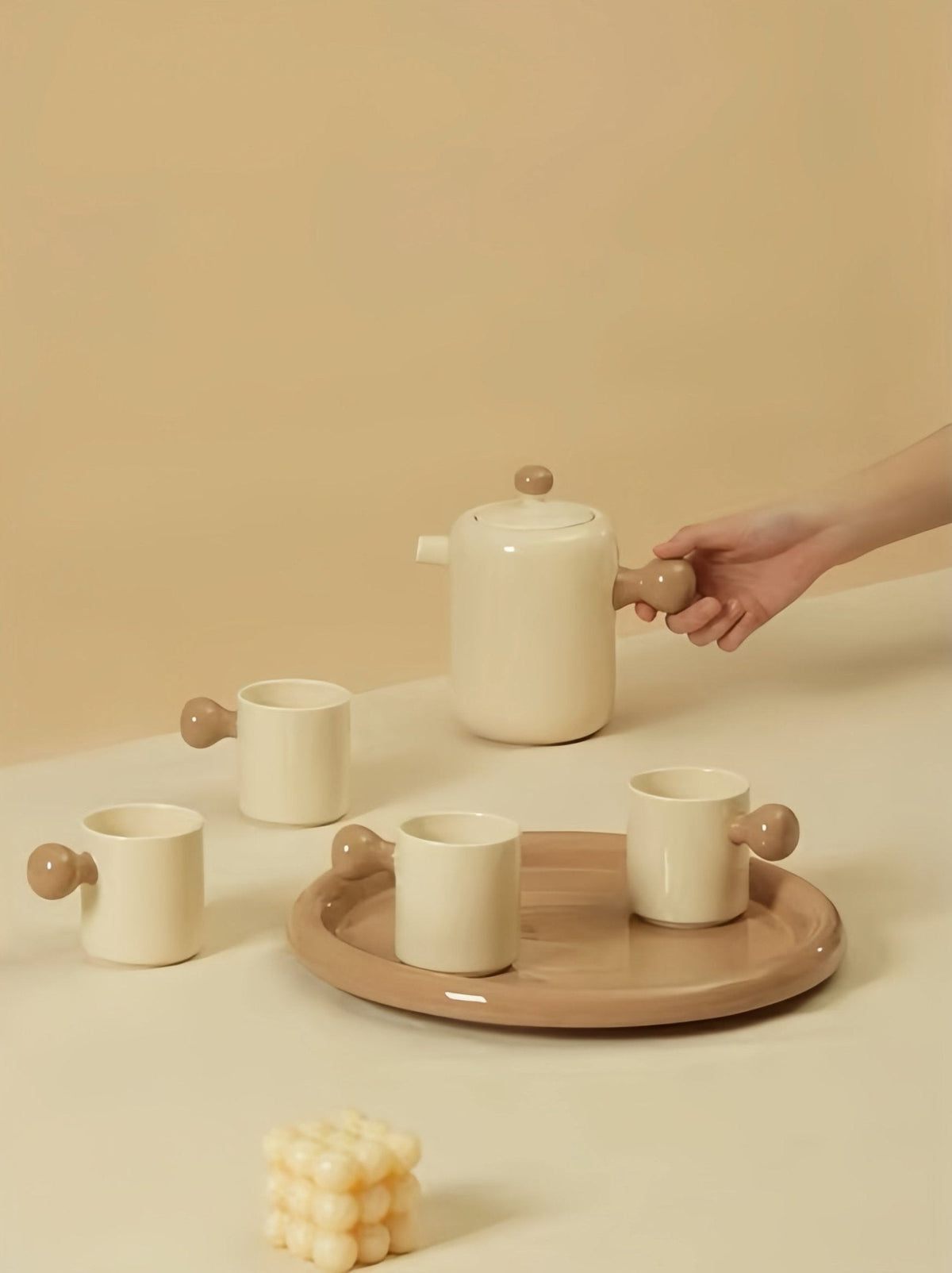Handmade Cute Whimsical Dopamine Creamy Toffee Tea Pot & Tea Cups Set Of 8 Pcs - Coffee & Tea Cups - Creamy Bauhaus Tea Set Gift Box - Caramel - INSPECIAL HOME